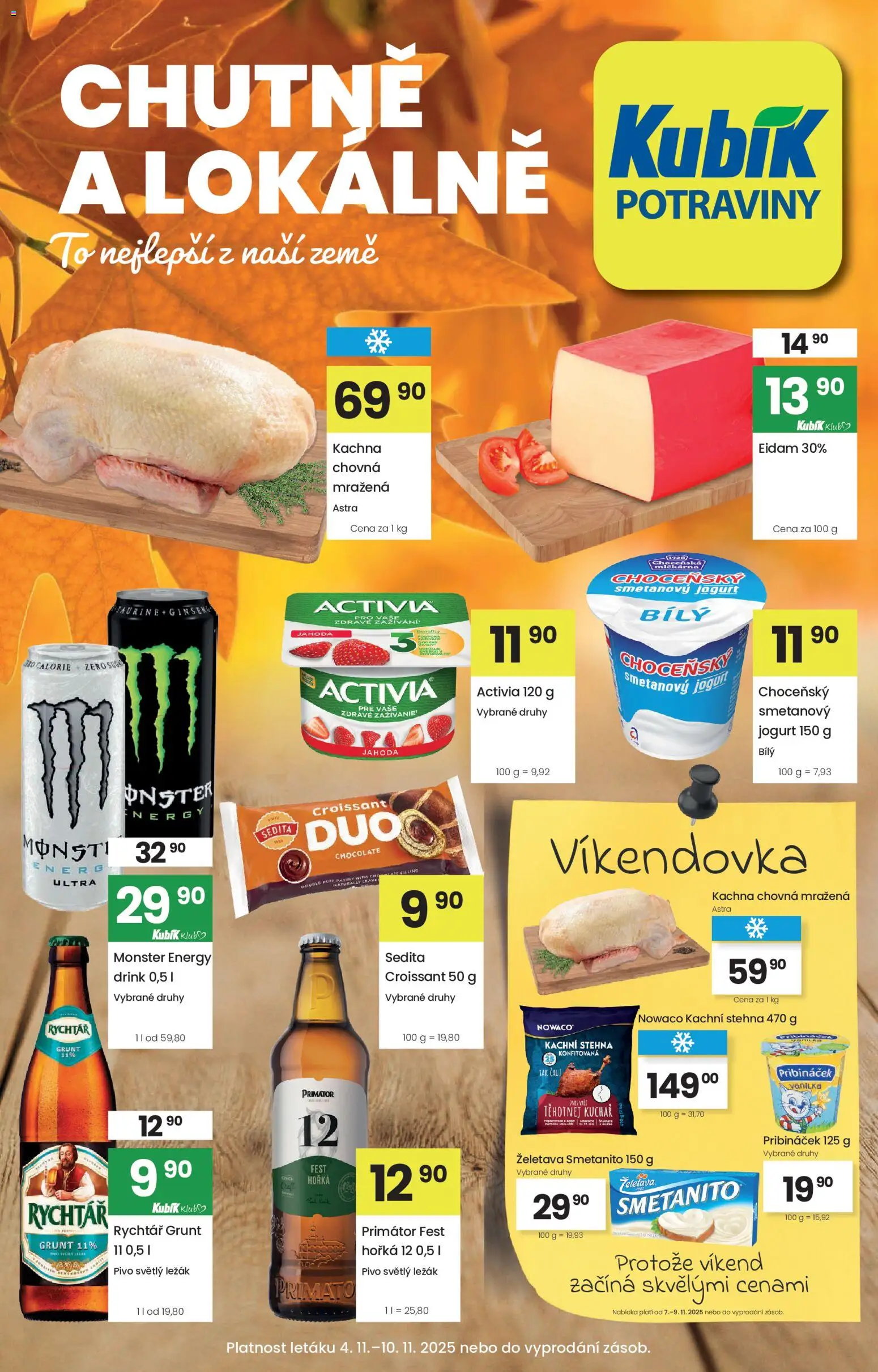 Kubík leták od 04.11.2025 | Strana: 1 | Produkty: Kachni stehna, Monster Energy, Croissant, Potraviny