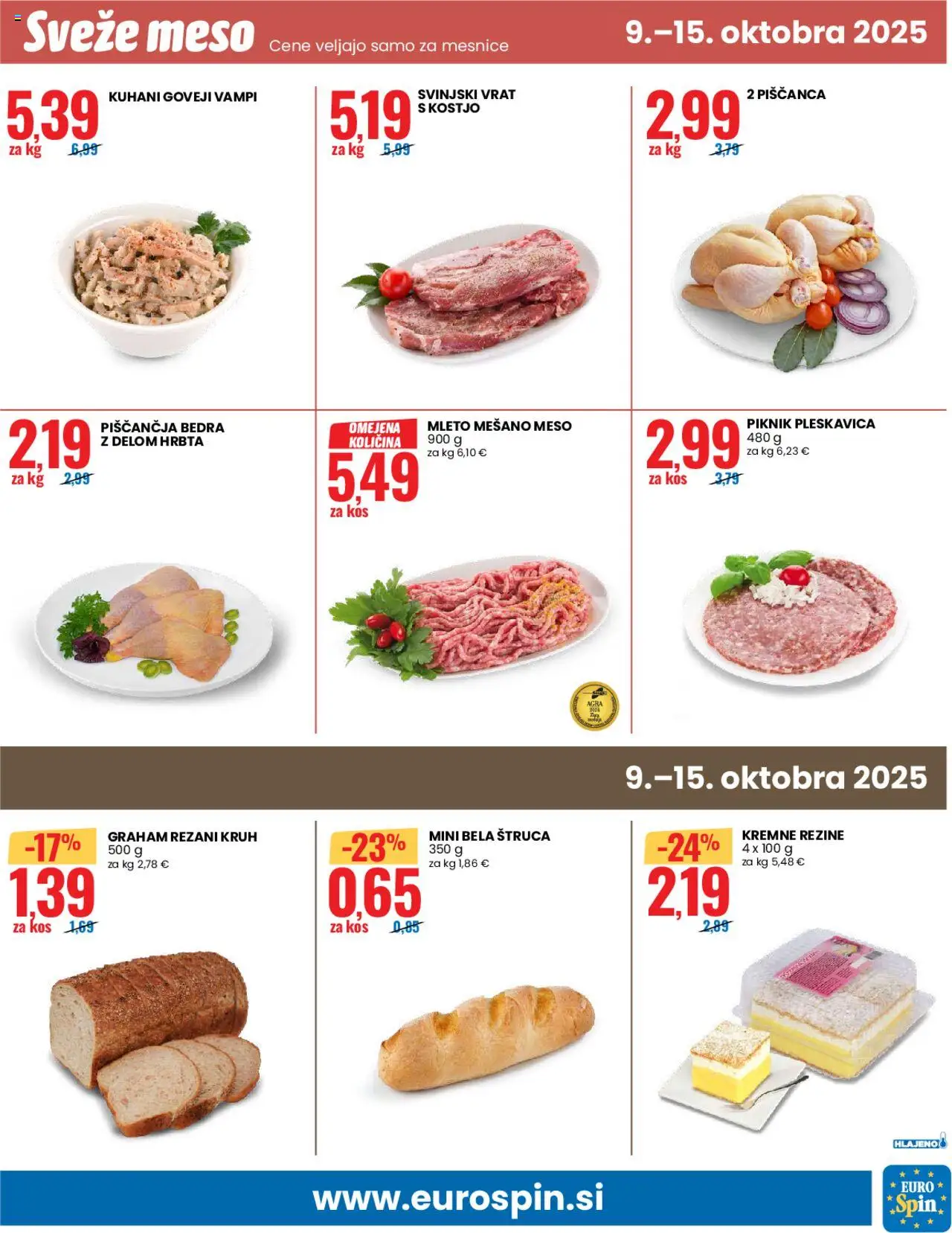 Novi Eurospin katalog ponudbe – veljaven od 09.10.2025 | Stran: 17 | Izdelki: Piščančja bedra, Kos, Kruh