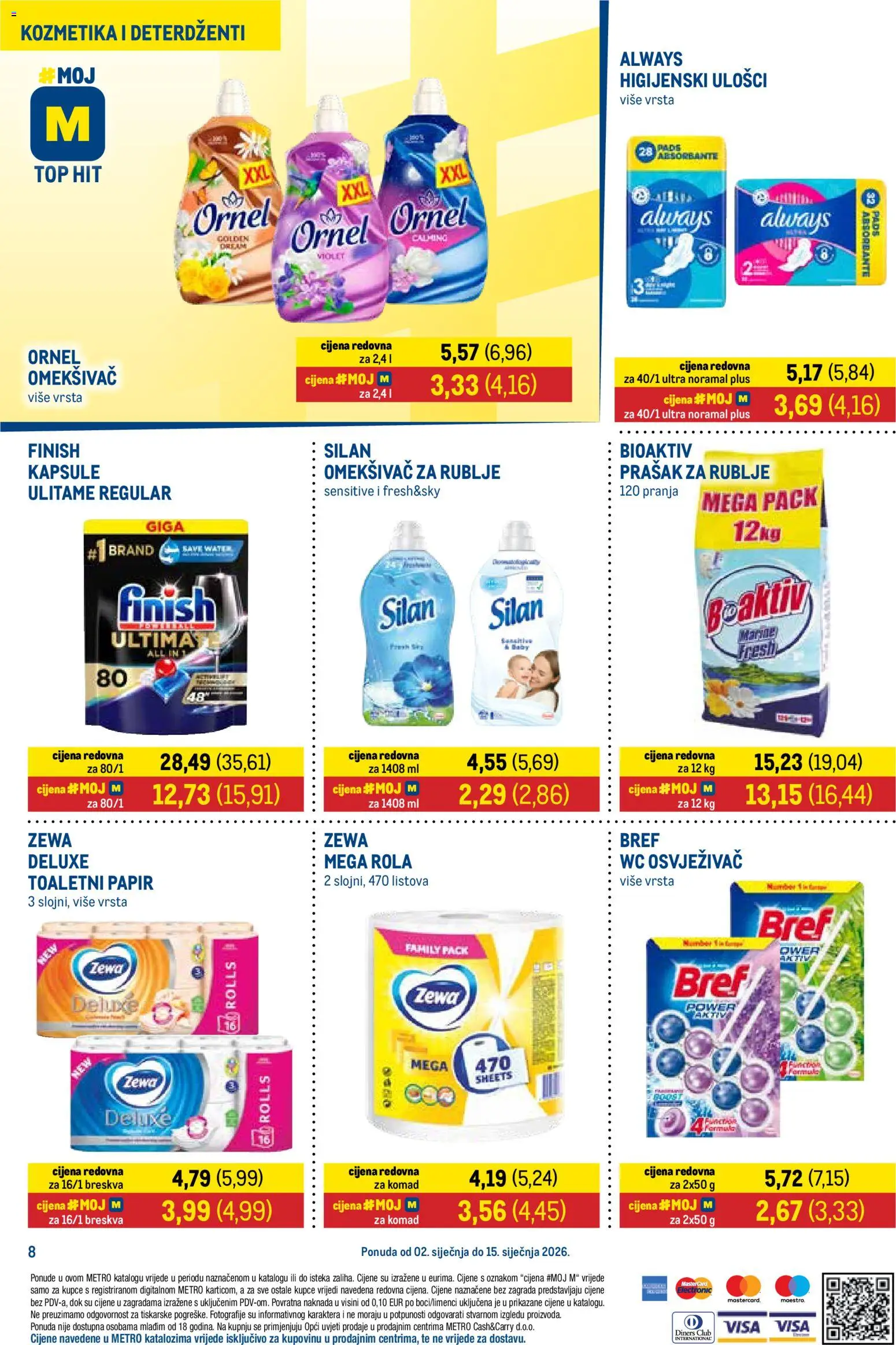 Metro katalog | vrijedi od 02.01.2026 | Stranica: 8 | Proizvodi: Higijenski ulošci, Omekšivač, Toaletni papir, Zewa
