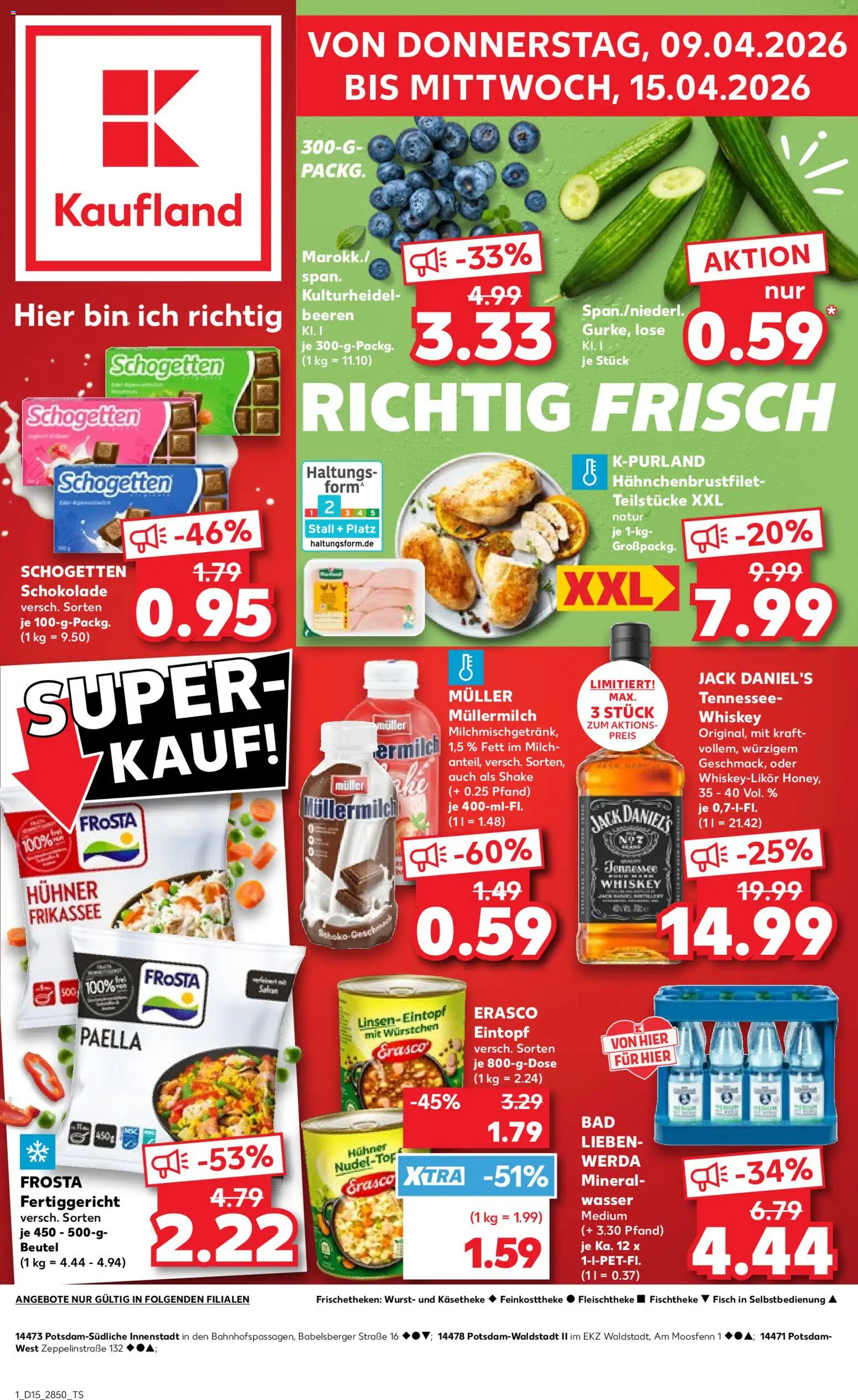 Kaufland Prospekt Potsdam	 – gültig ab 09.04.2026 | Seite: 1 | Produkte: Bad, Wurst, Schogetten, Muller mullermilch