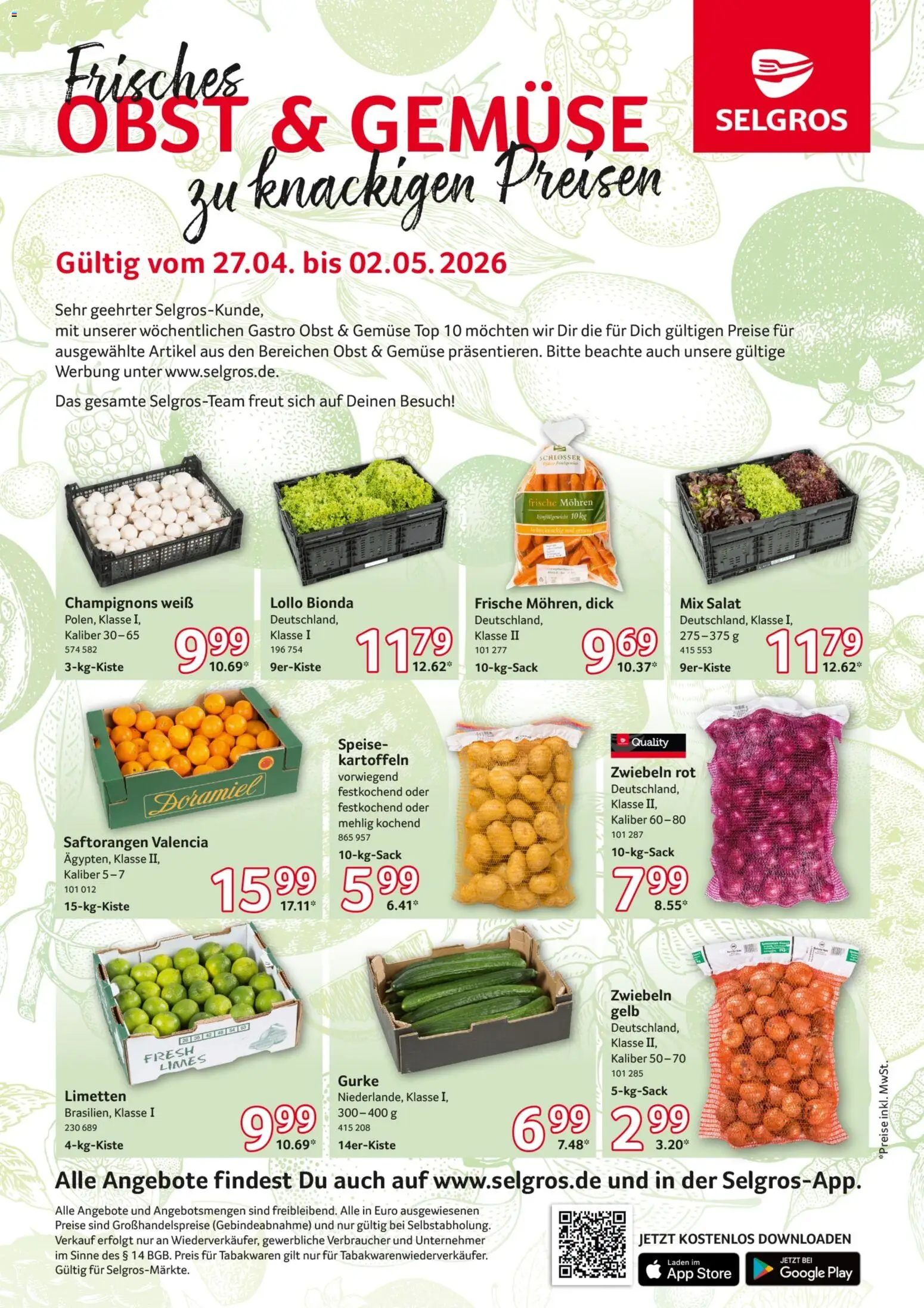 Selgros Obst & Gemüse – gültig ab 27.04.2026 | Seite: 1 | Produkte: Limetten, Champignons, Kartoffeln, Salat
