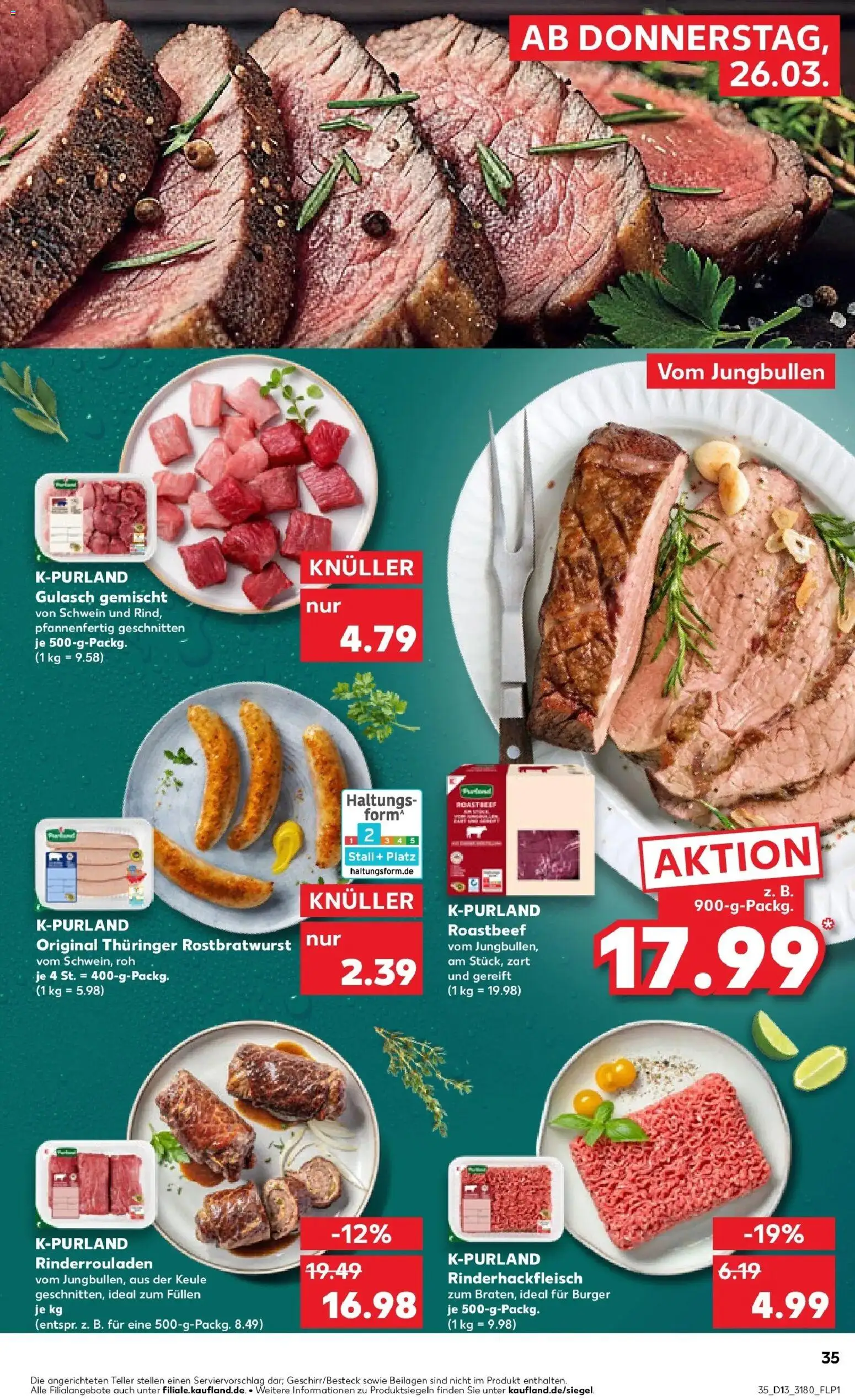 Kaufland Prospekt Bautzen	 – gültig ab 26.03.2026 | Seite: 35 | Produkte: Rinderrouladen, Burger, Roastbeef, Gulasch