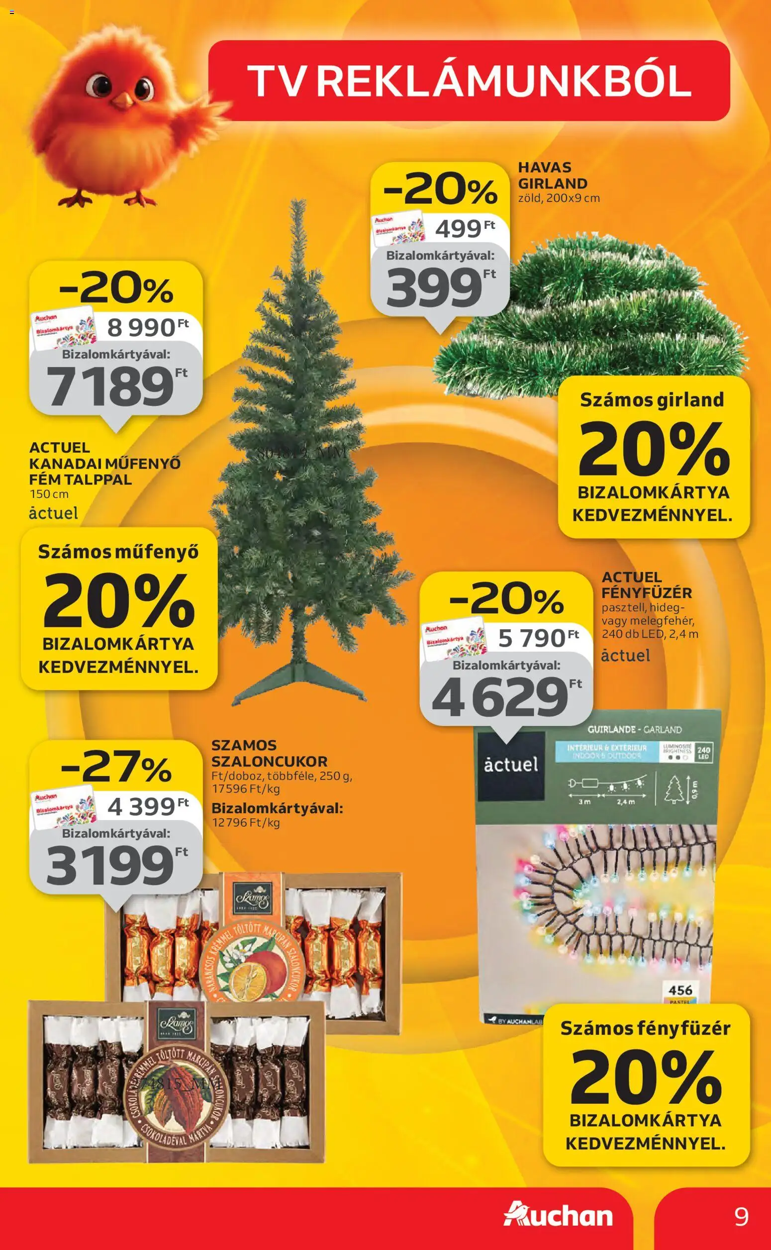 Auchan akciós ujság - amely érvényes a következő dátumtól: 27.11.2025 | Oldal: 9 | Termékek: Fényfüzér, Szaloncukor, Marcipan, TV