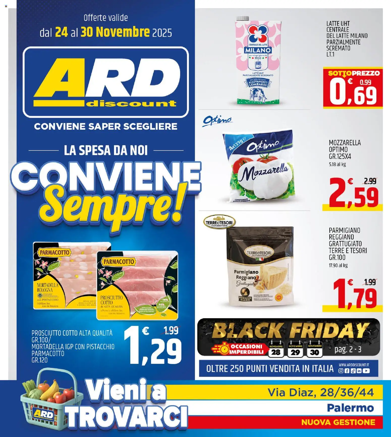 Volantino ARD Discount del 24.11.2025 | Pagina: 1 | Prodotti: Mozzarella, Prosciutto, Parmigiano reggiano, Parmigiano
