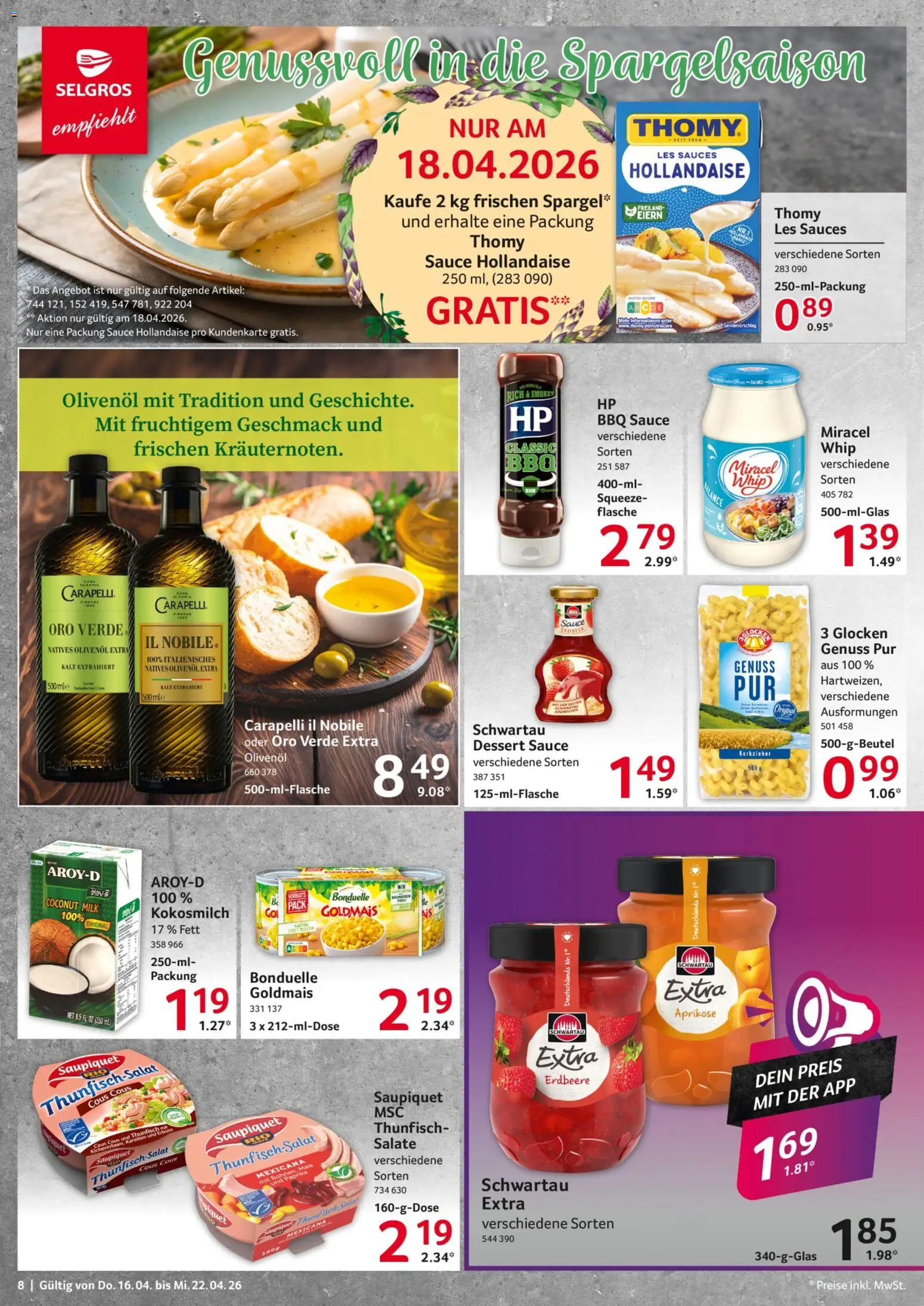 Selgros Prospekt 	 – gültig ab 16.04.2026 | Seite: 8 | Produkte: Thomy les sauces, Olivenol, Miracel whip, Paprika