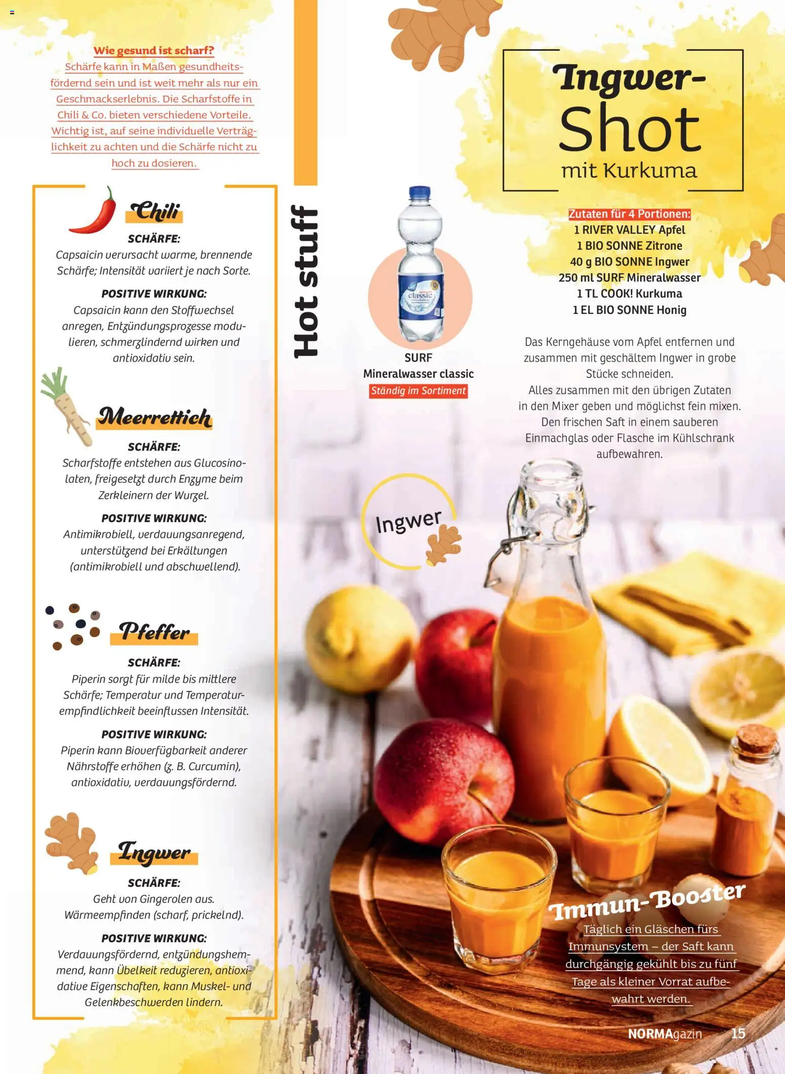 Norma NORMAgazin Januar/Februar 2026 – gültig ab 01.01.2026 | Seite: 15 | Produkte: Mixer, Kühlschrank, Äpfel, Chili