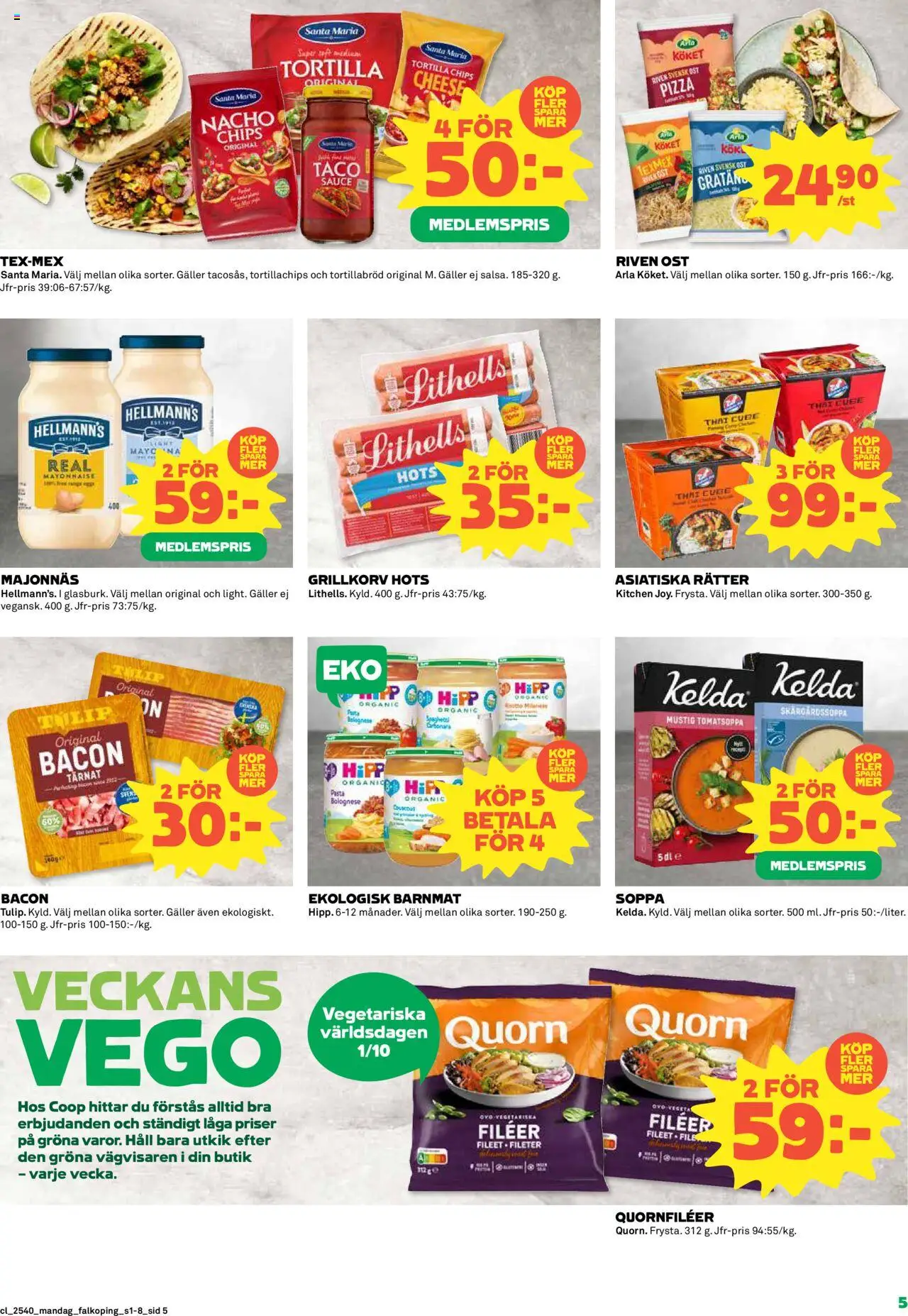 Coop reklamblad aktuell från 29.09.2025 | Sida: 5 | Produkter: Barnmat, Bacon, Tortillachips, Majonnäs