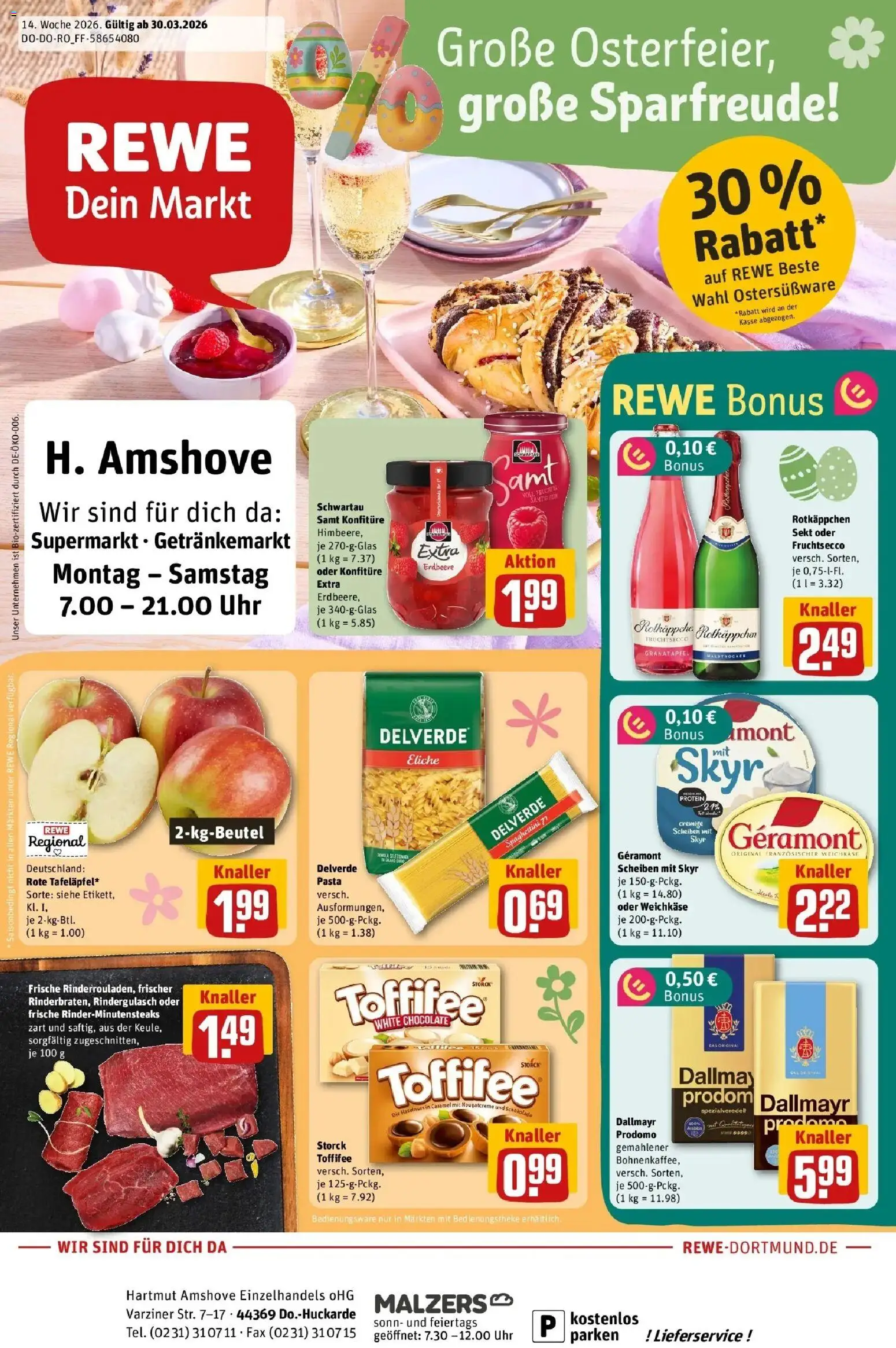 Rewe Prospekt Dortmund	 – gültig ab 30.03.2026 | Seite: 1 | Produkte: Granatapfel, Schokolade, Sekt, Dallmayr