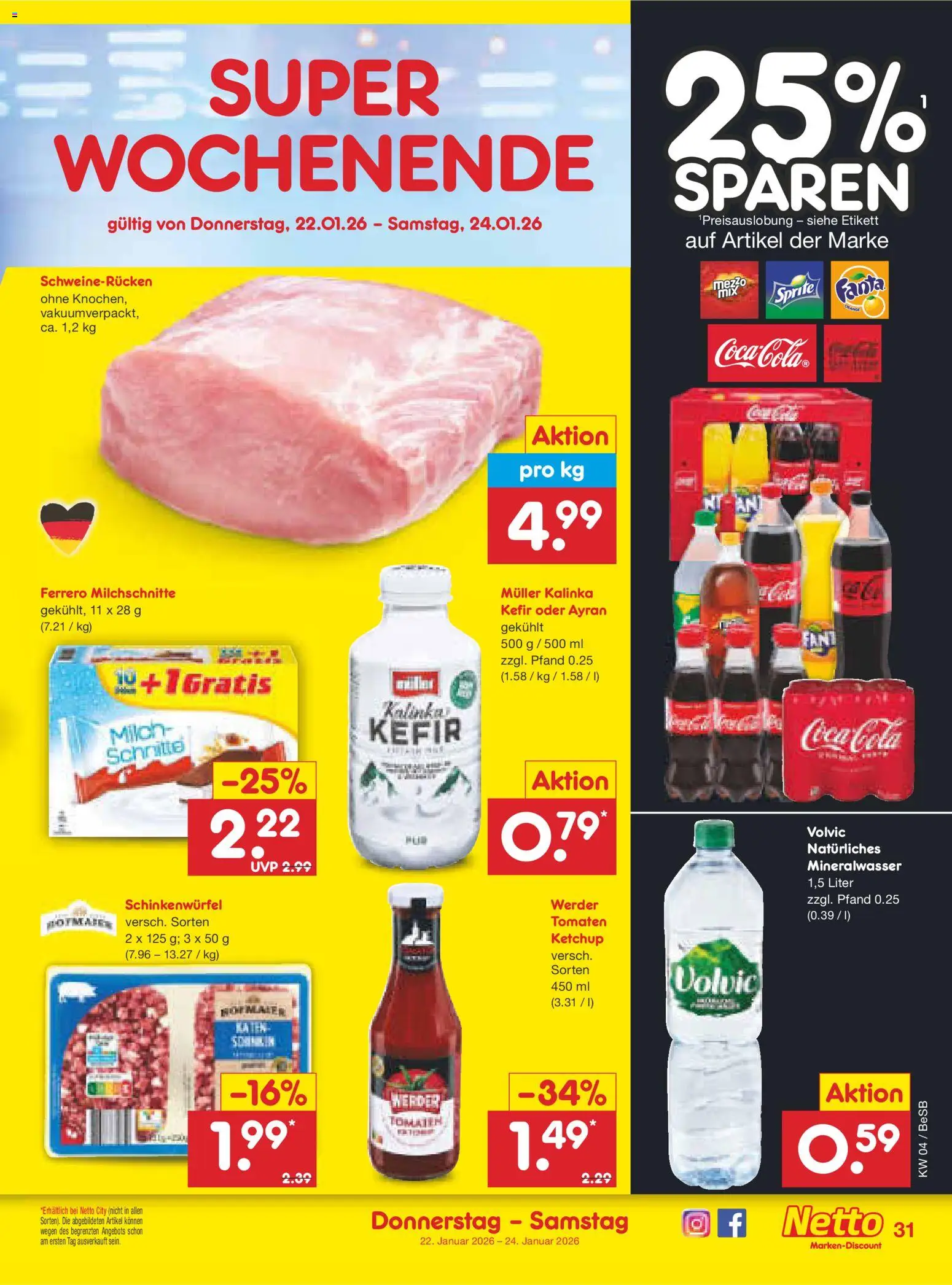 Netto Marken-Discount Prospekt 	 – gültig ab 19.01.2026 | Seite: 41 | Produkte: Milch, Tomaten, Schweinerucken, Volvic