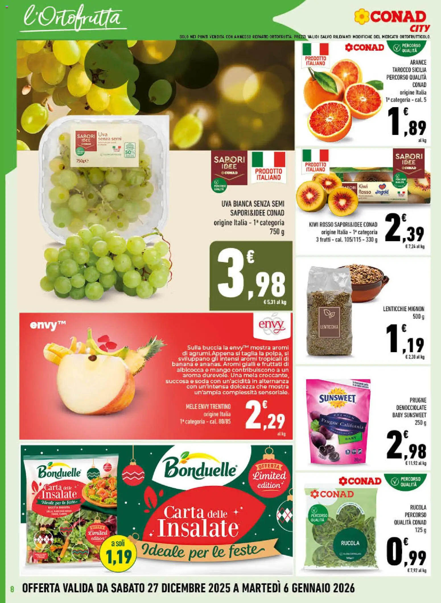 Volantino Conad del 27.12.2025 | Pagina: 8 | Prodotti: Arance, Rucola, Lenticchie, Uva