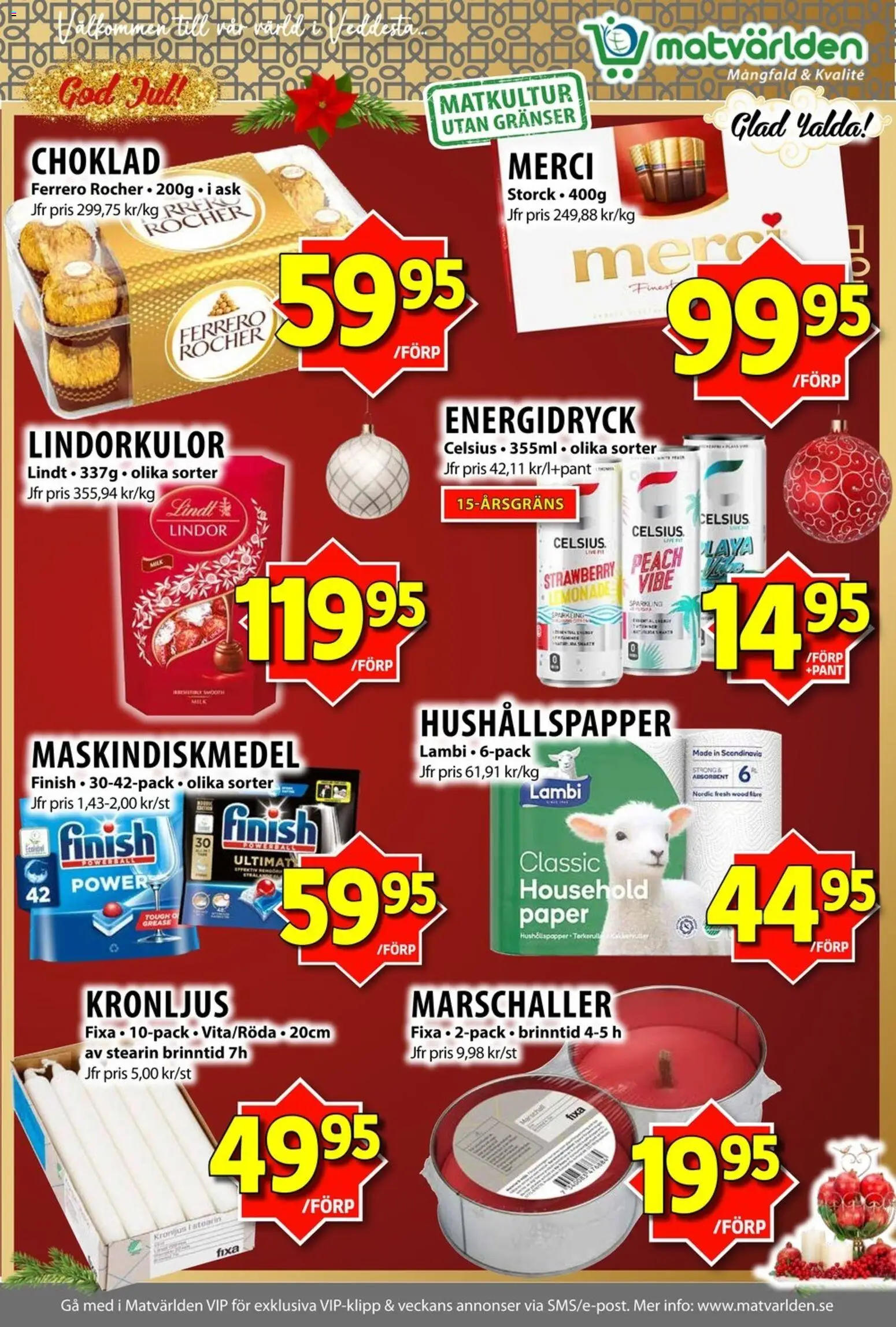 Matvärlden reklamblad aktuell från 15.12.2025 | Sida: 2 | Produkter: Hushållspapper, Choklad, Energidryck