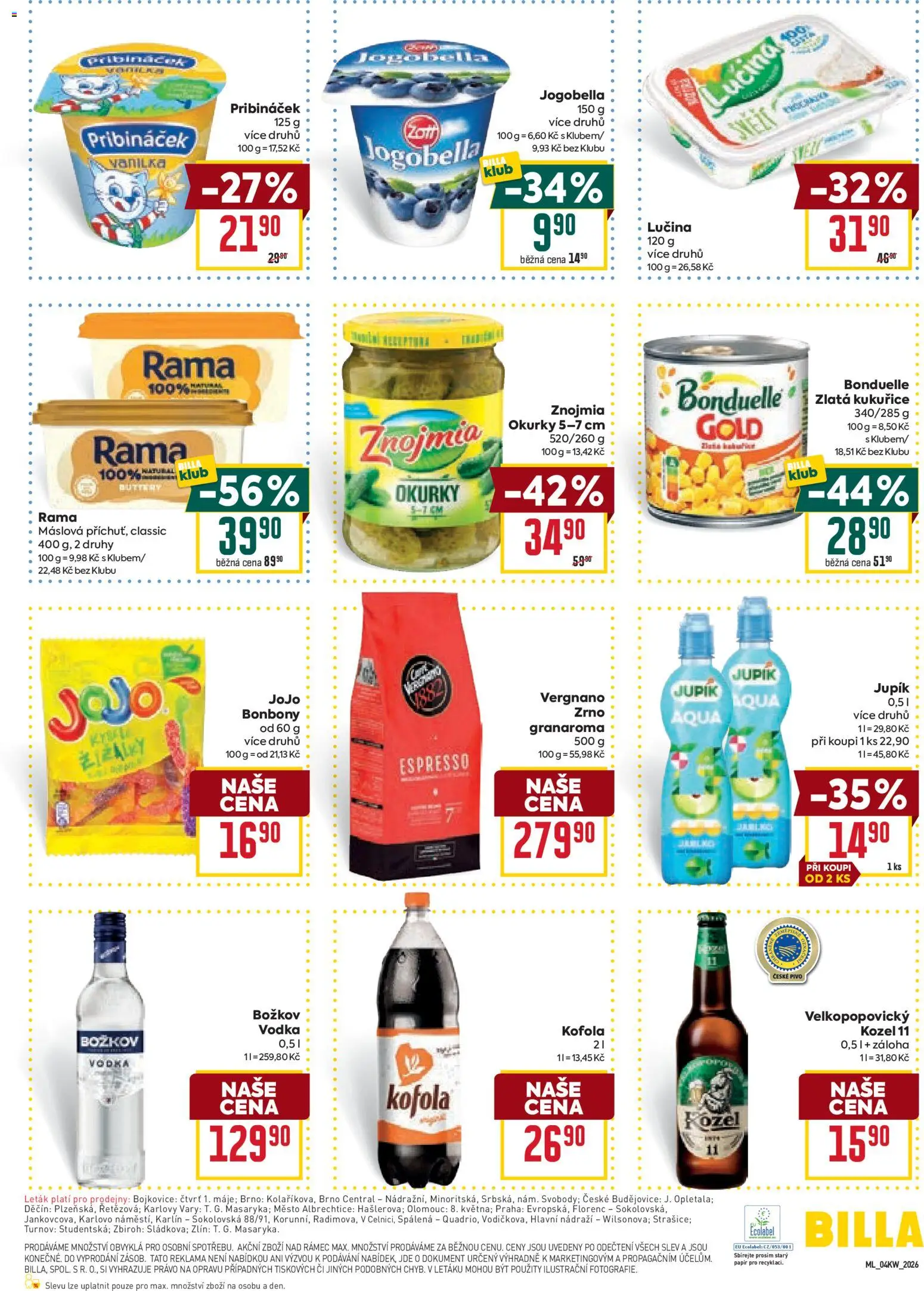 Billa Malý leták od 21.01.2026 | Strana: 3 | Produkty: Lučina, Pribináček, Božkov, Jogobella