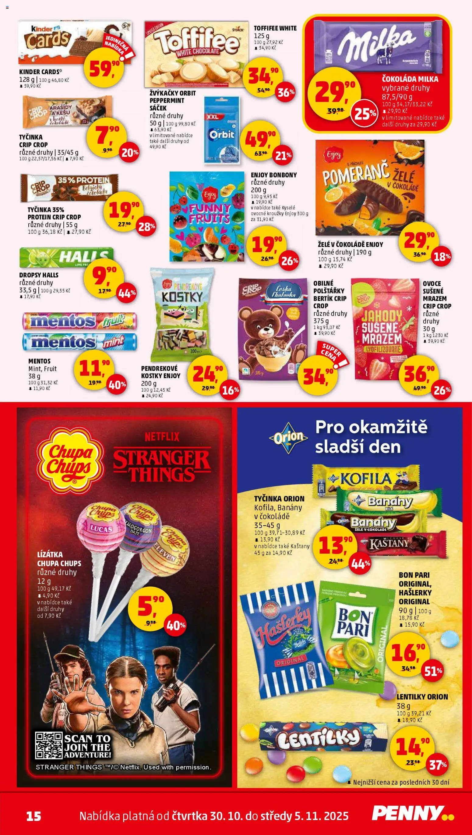 Penny Market leták - Čtvrtečník od 30.10.2025 | Strana: 15 | Produkty: Banány, Bonbóny, Kostky, Protein