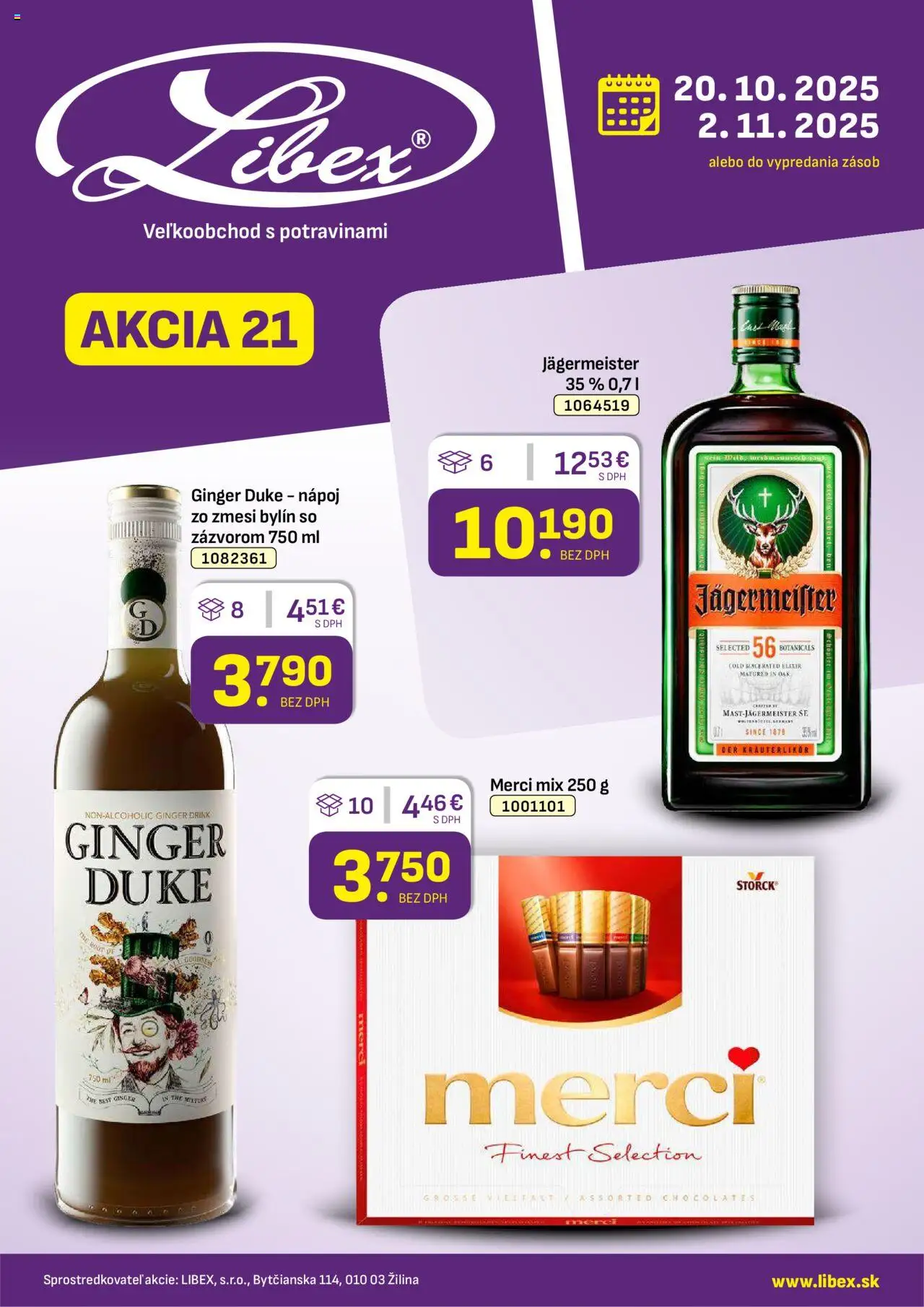 Nové Libex akcie – leták je platný od 20.10.2025 | Strana: 1 | Produkty: Jägermeister, Merci