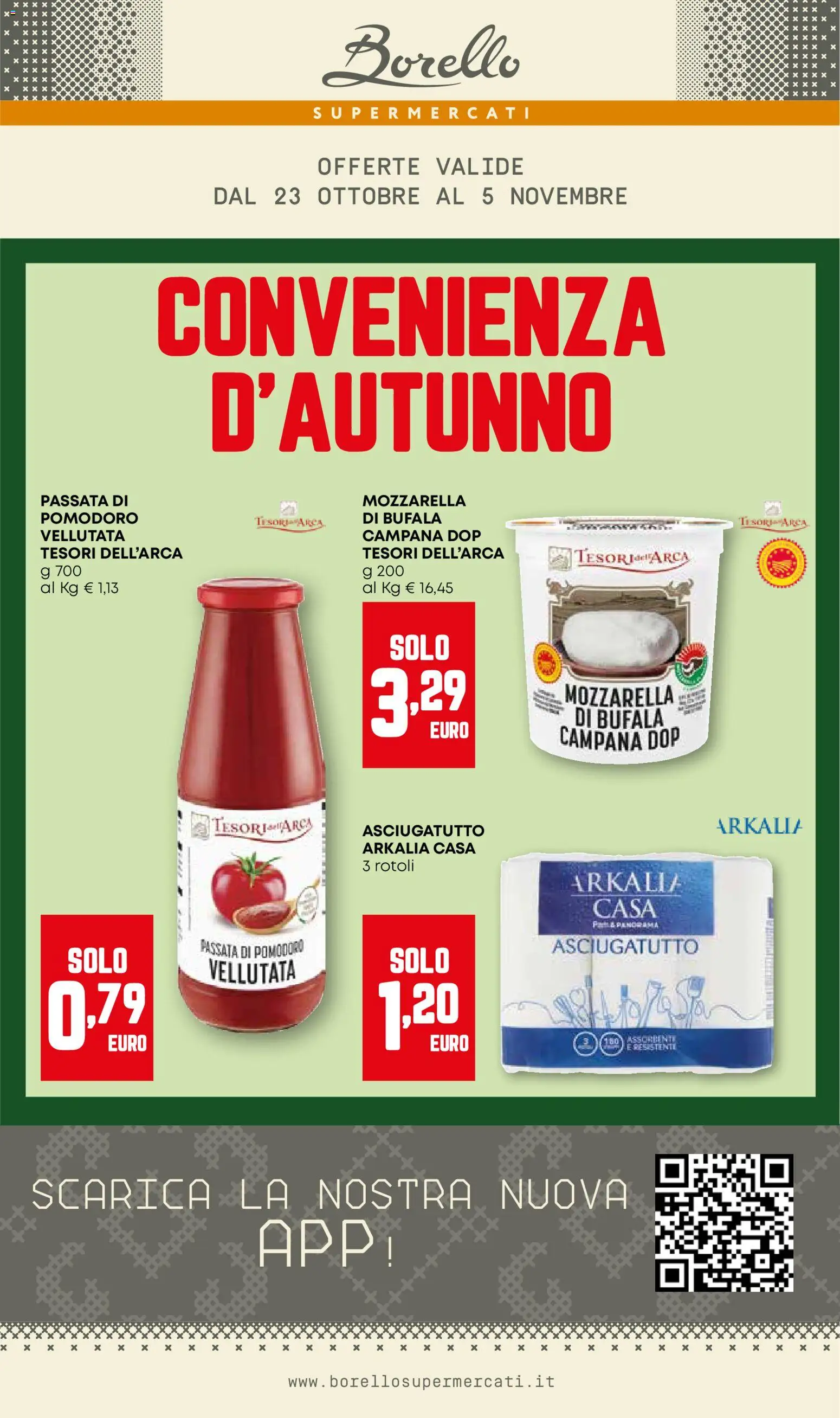 Volantino Borello Supermercati del 23.10.2025 | Pagina: 1 | Prodotti: Mozzarella, Pomodoro, Passata di pomodoro, Asciugatutto