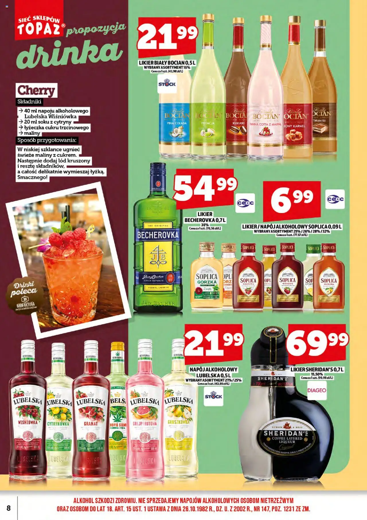 Topaz Gazetka alkoholowa od 01.06.2025 | Strona: 10 | Produkty: Malina, Likier Sheridan's, Tiramisu, Becherovka