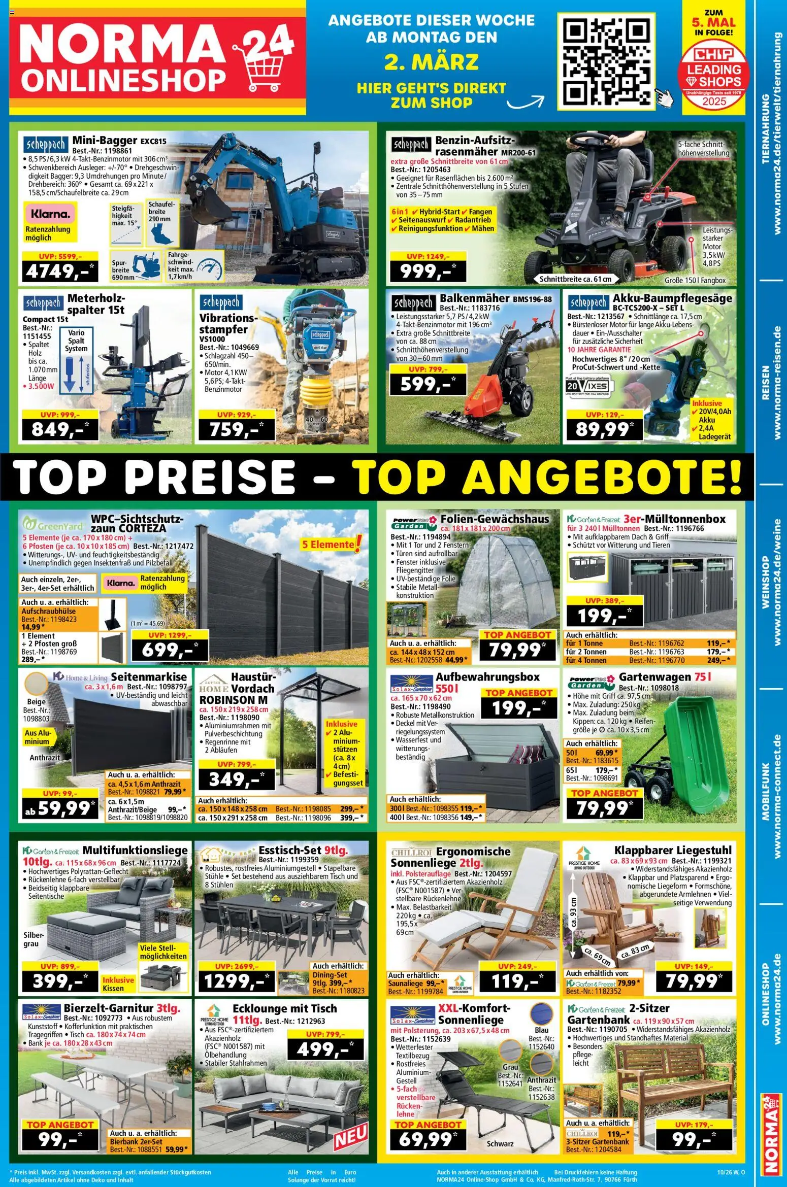 Norma Onlineshop – gültig ab 02.03.2026 | Seite: 1 | Produkte: Top, Rasenmäher, Liegestuhl, Ladegerät