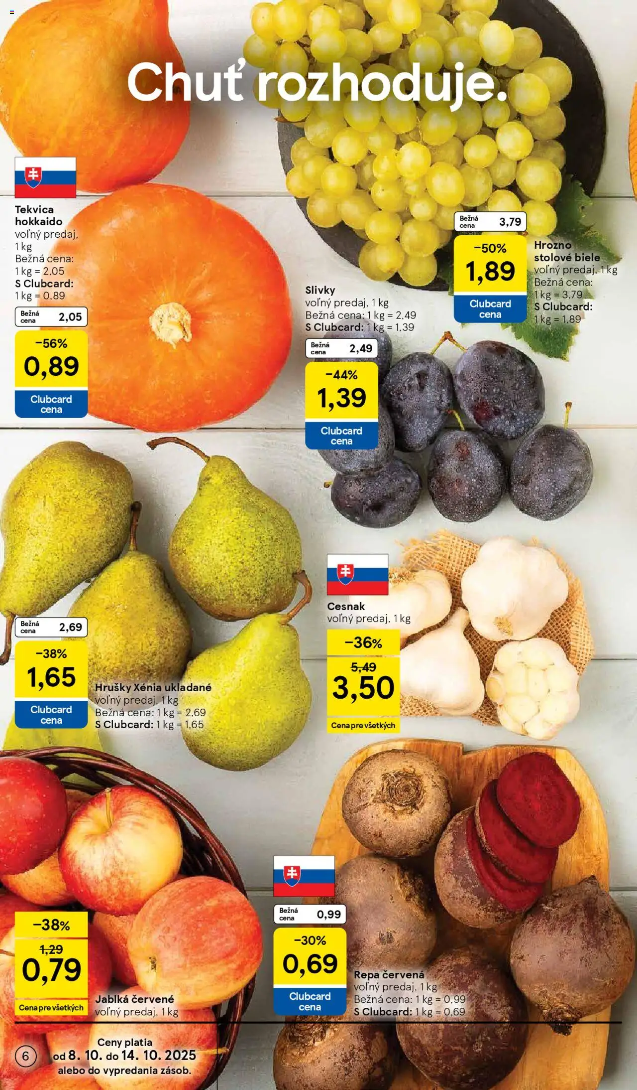 Nové Tesco akcie – leták je platný od 08.10.2025 | Strana: 6 | Produkty: Jablká, Cesnak, Slivky, Hrozno
