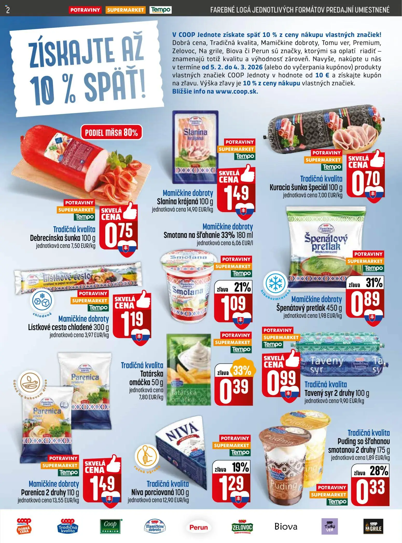 Nové COOP Jednota akcie – leták je platný od 05.02.2026 | Strana: 2 | Produkty: Syr, Šunka, Omáčka, Smotana na šľahanie