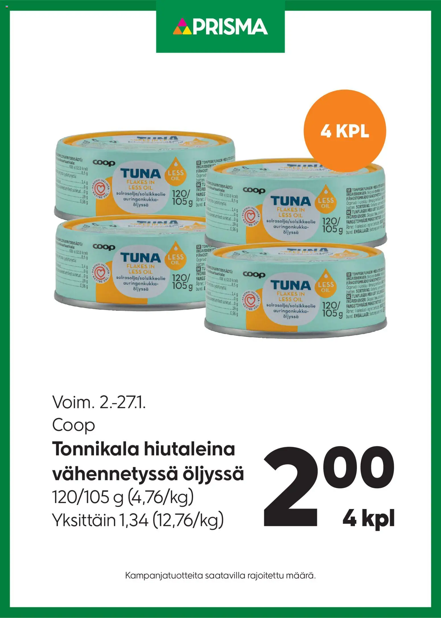 Prisma tarjoukset tonnikala – voimassa 02.01.2026 alkaen | Sivu: 1 | Tuotteet: Tonnikala, Tunika