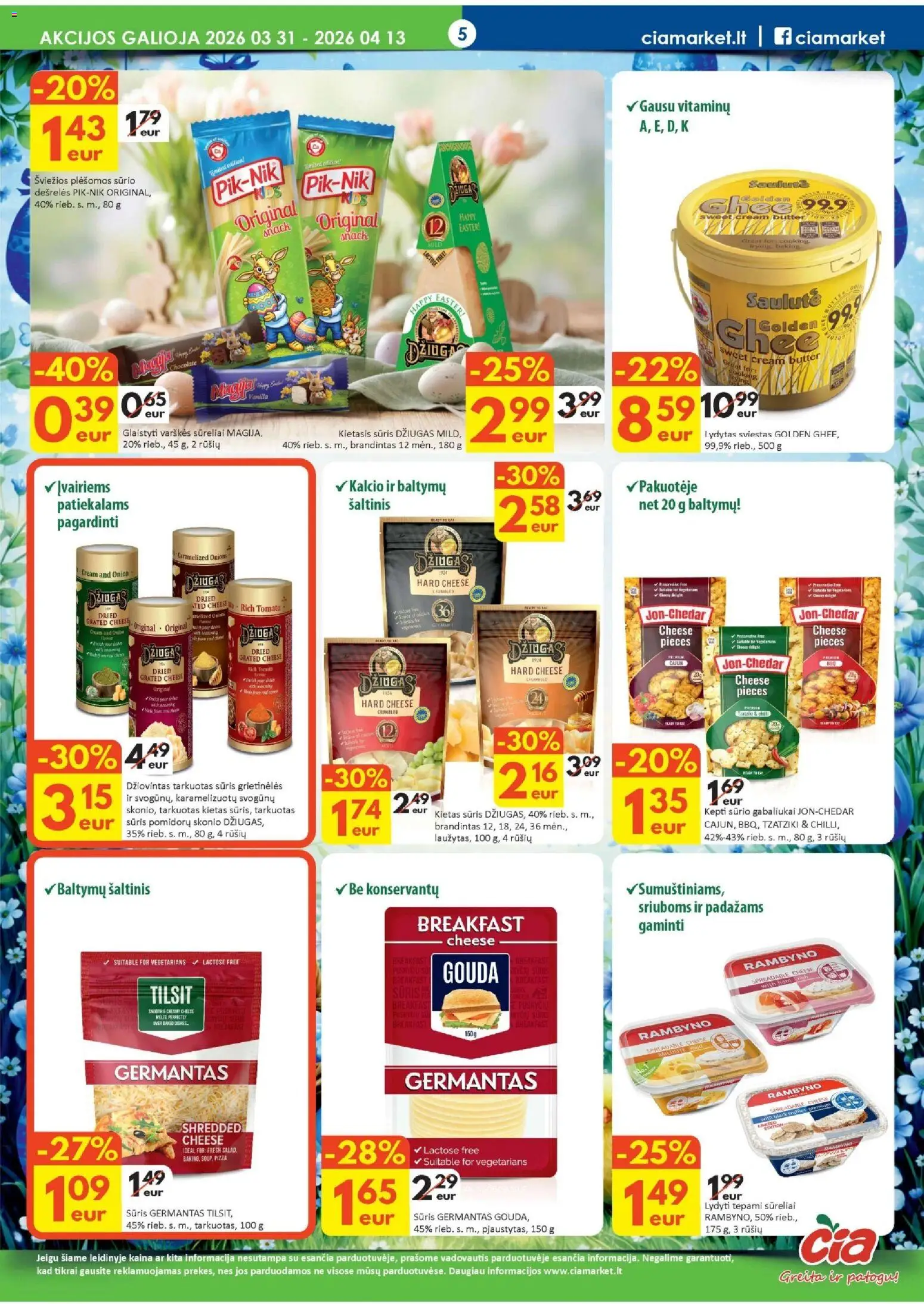 ČIA MARKET akcijos nuo 31.03.2026 | Puslapis: 5 | Prekių: Dešrelės, Sūris, Sviestas