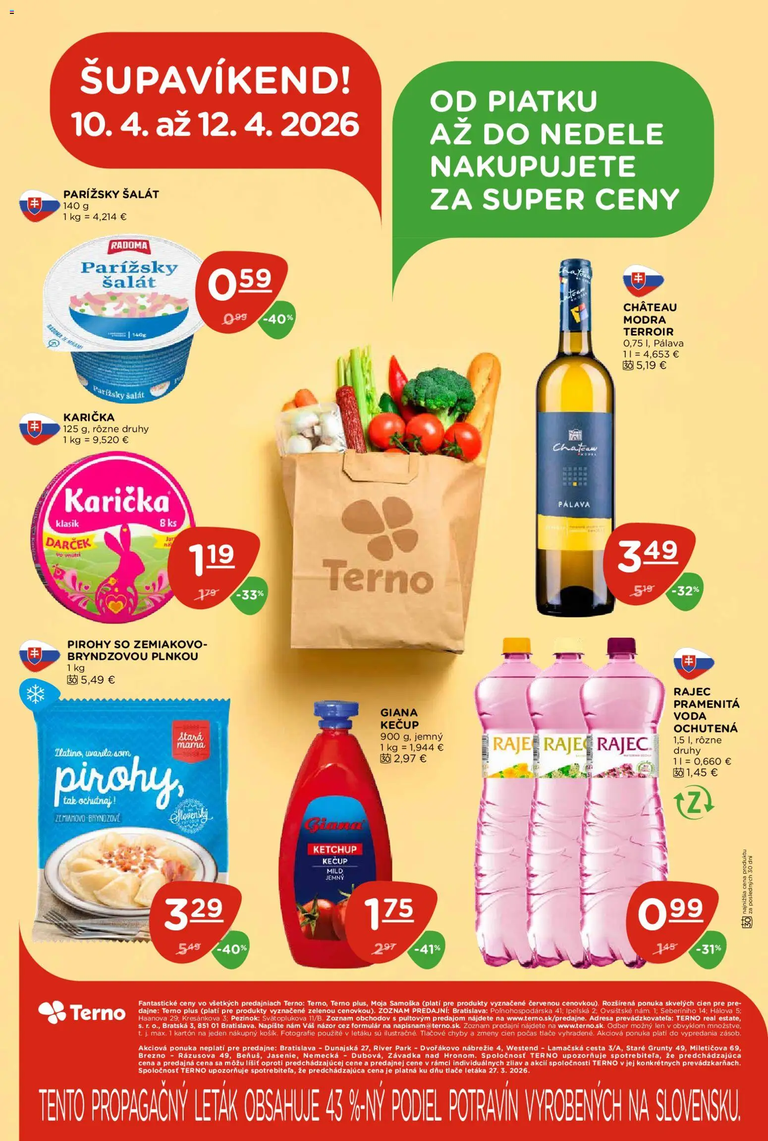 Nové Terno akcie – leták je platný od 09.04.2026 | Strana: 20 | Produkty: Pirohy, Rajec, Kečup, Voda