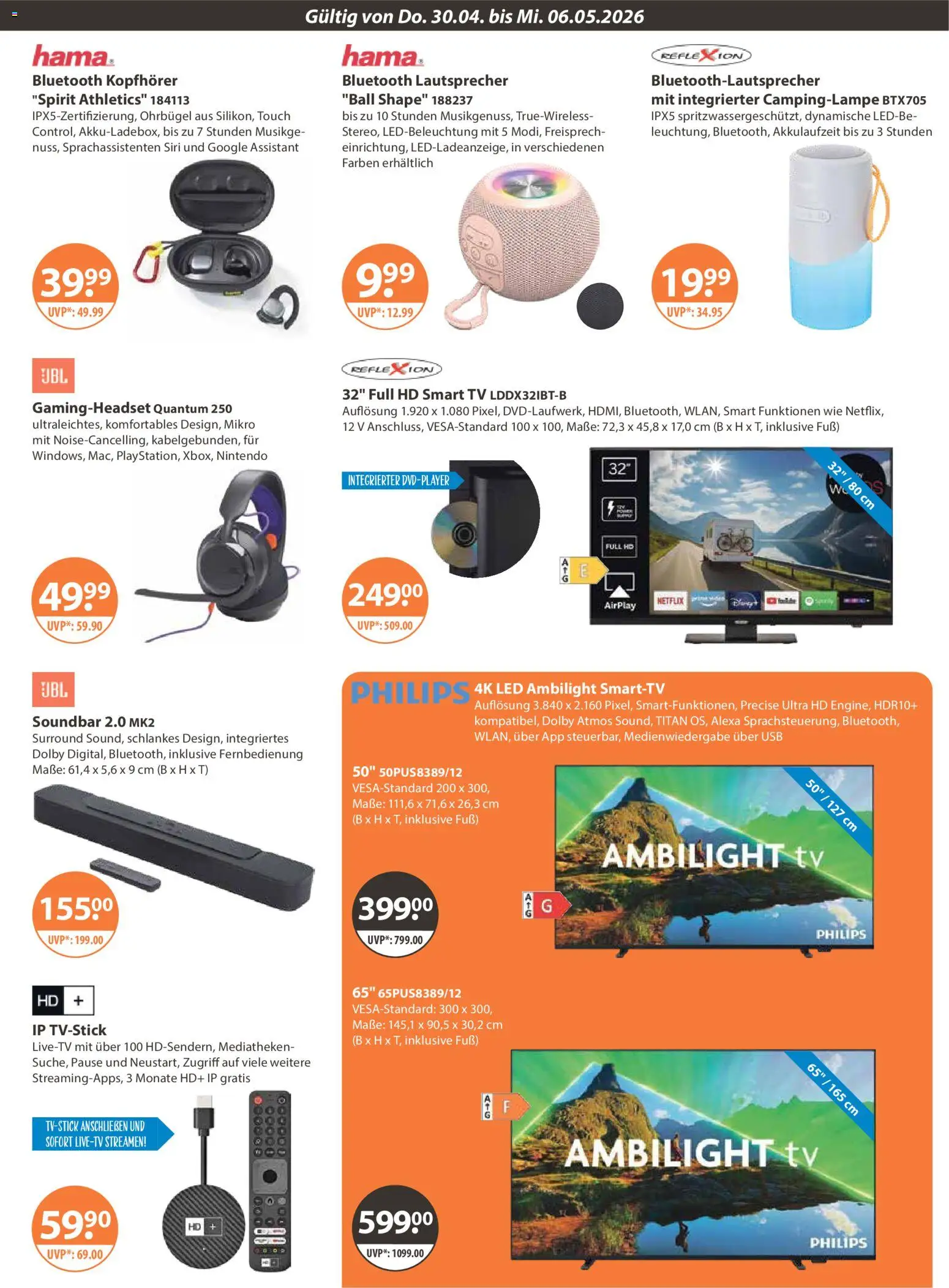 V-Markt Angebote – gültig ab 30.04.2026 | Seite: 19 | Produkte: Philips, USB, Smart TV, Soundbar