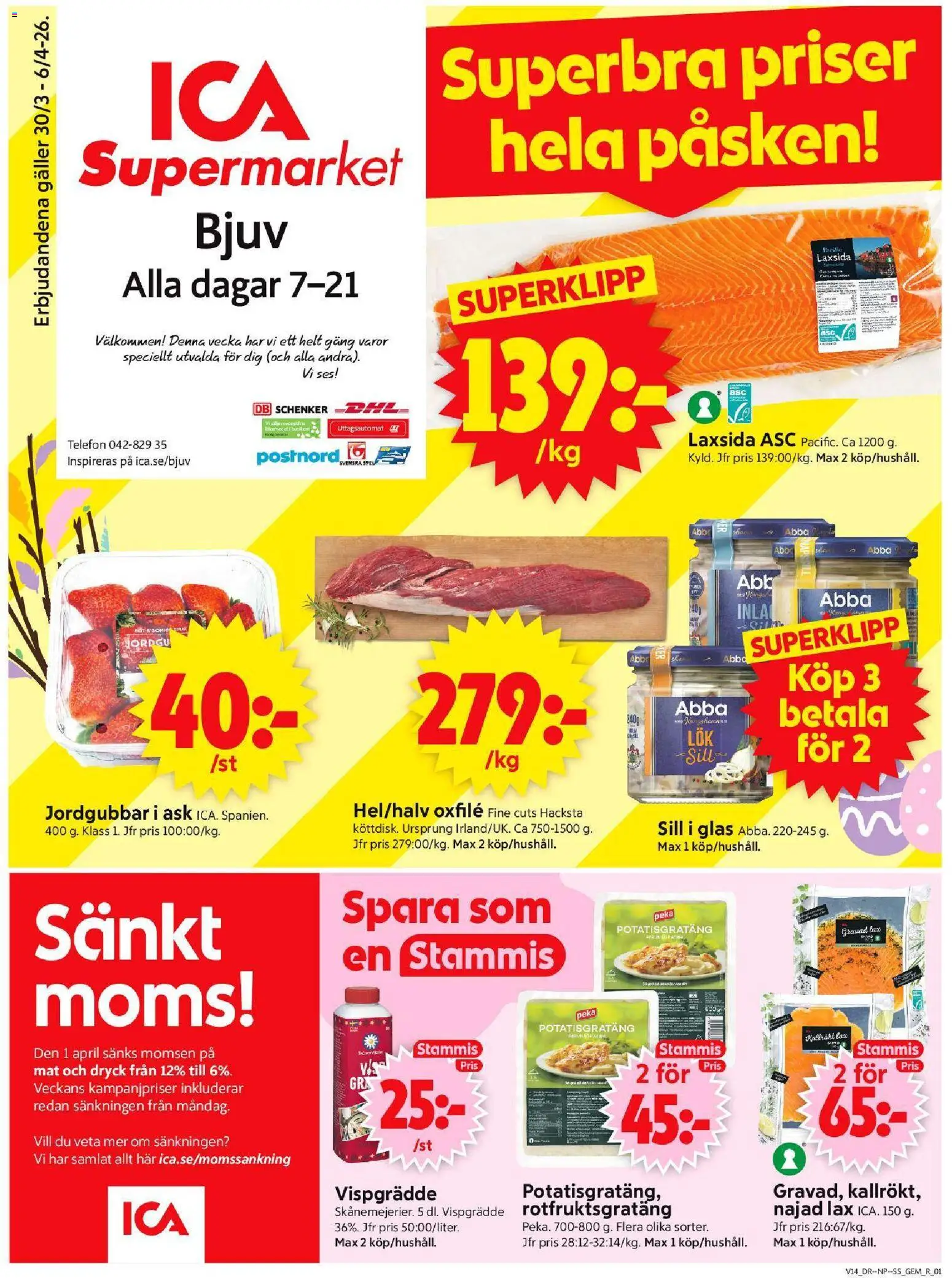 ICA Supermarket reklamblad aktuell från 30.03.2026 | Sida: 1 | Produkter: Gem, Sill, Lax, Spel