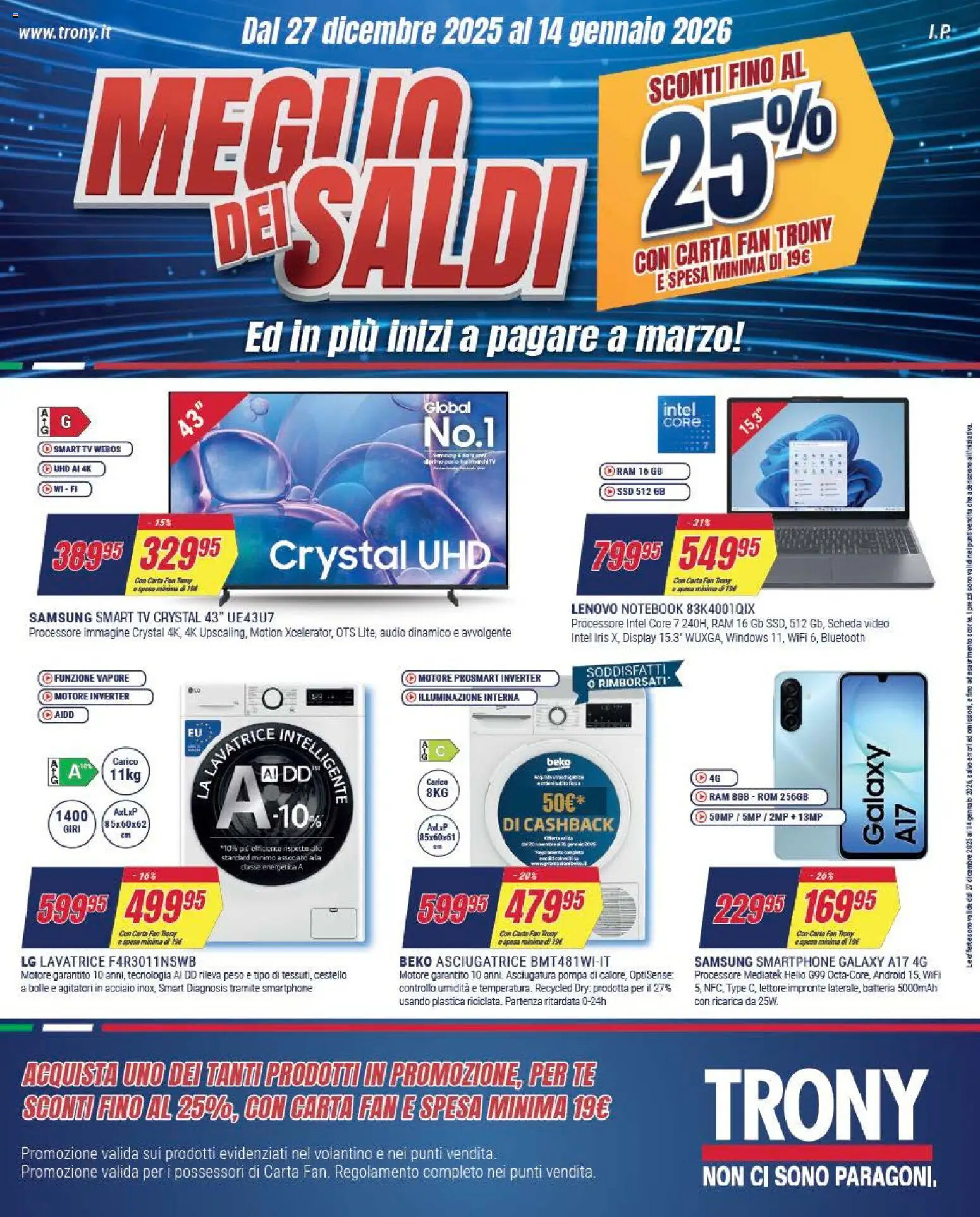Volantino Trony del 27.12.2025 | Pagina: 1 | Prodotti: Notebook, Asciugatrice, Smartphone, Samsung