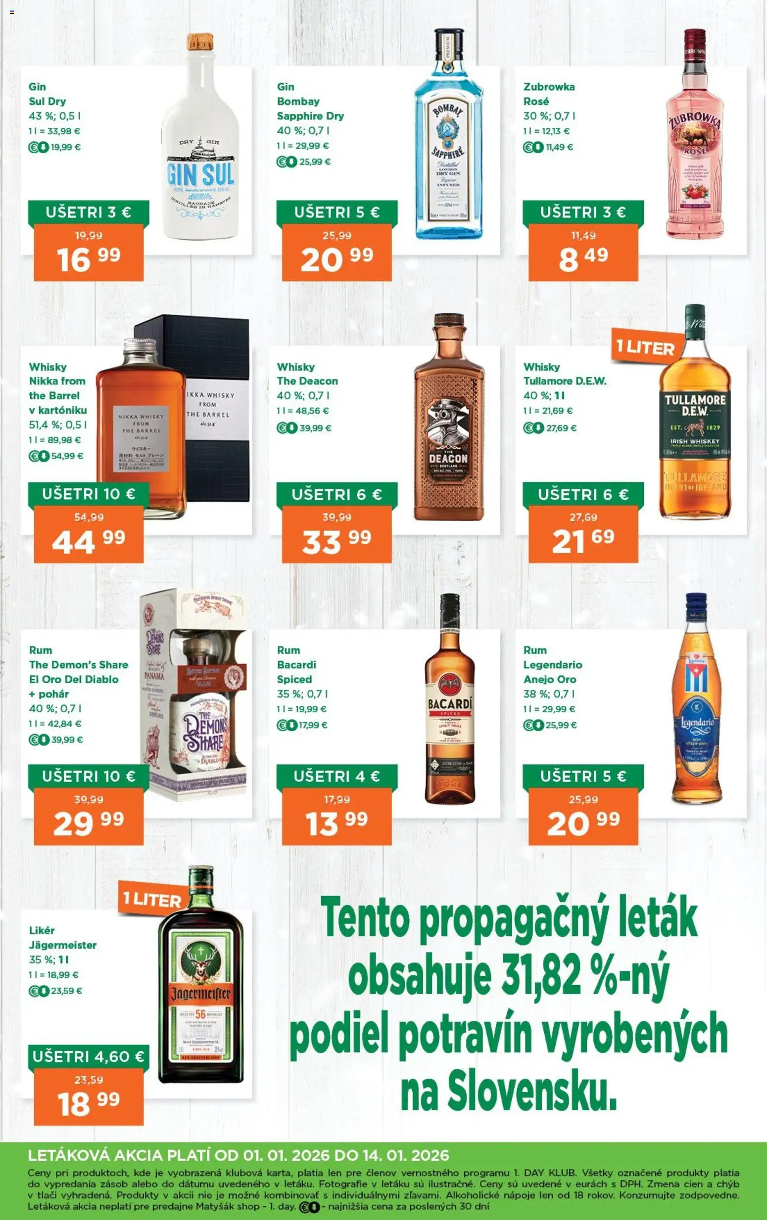Nové 1day akcie – leták je platný od 01.01.2026 | Strana: 2 | Produkty: Jägermeister, Gin, Whisky, Bacardi