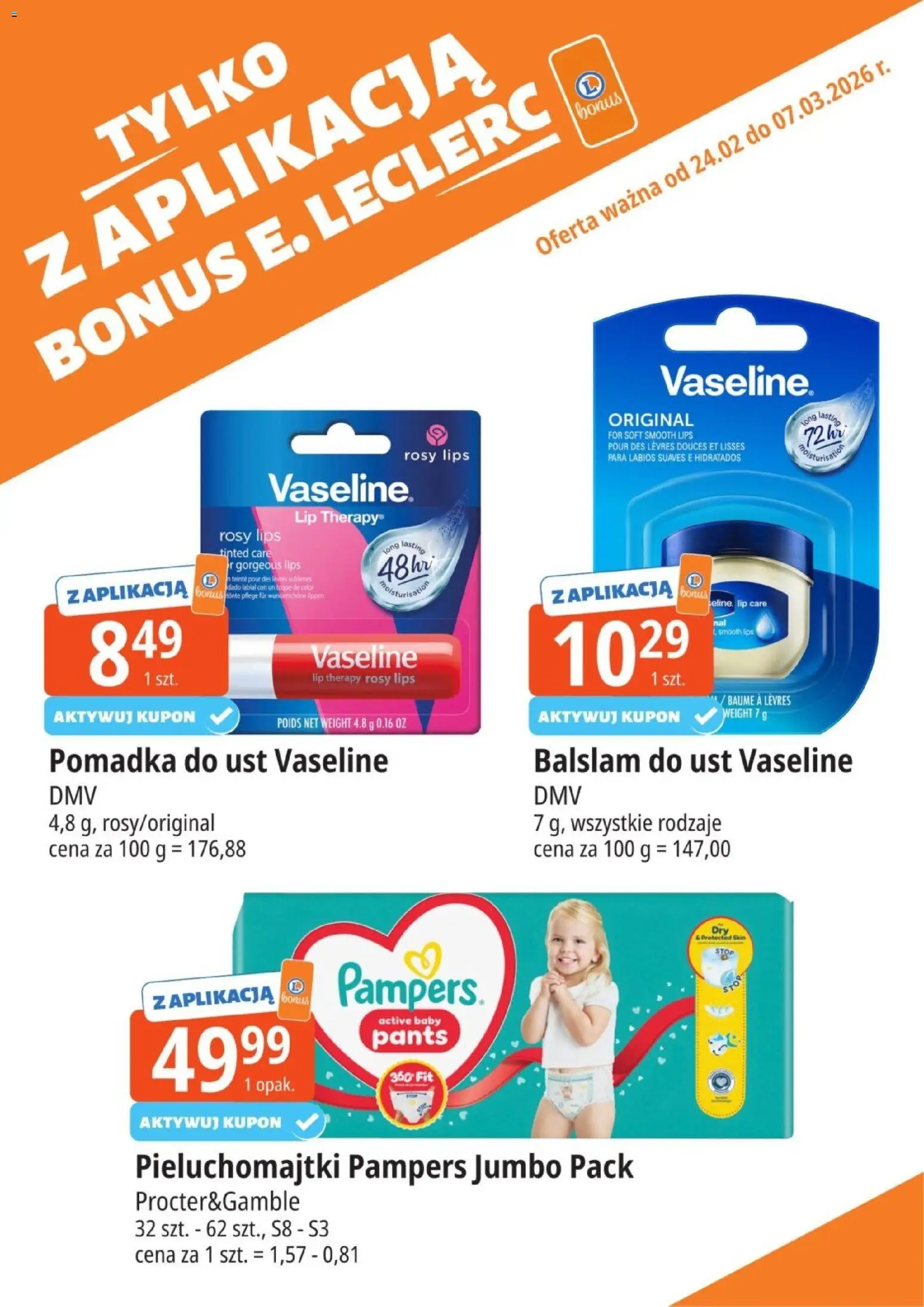E.Leclerc Gazetka - Kupony dodatkowe od 24.02.2026 | Strona: 12 | Produkty: Pampers, Pieluchomajtki, Pomadka, Pomadka do ust