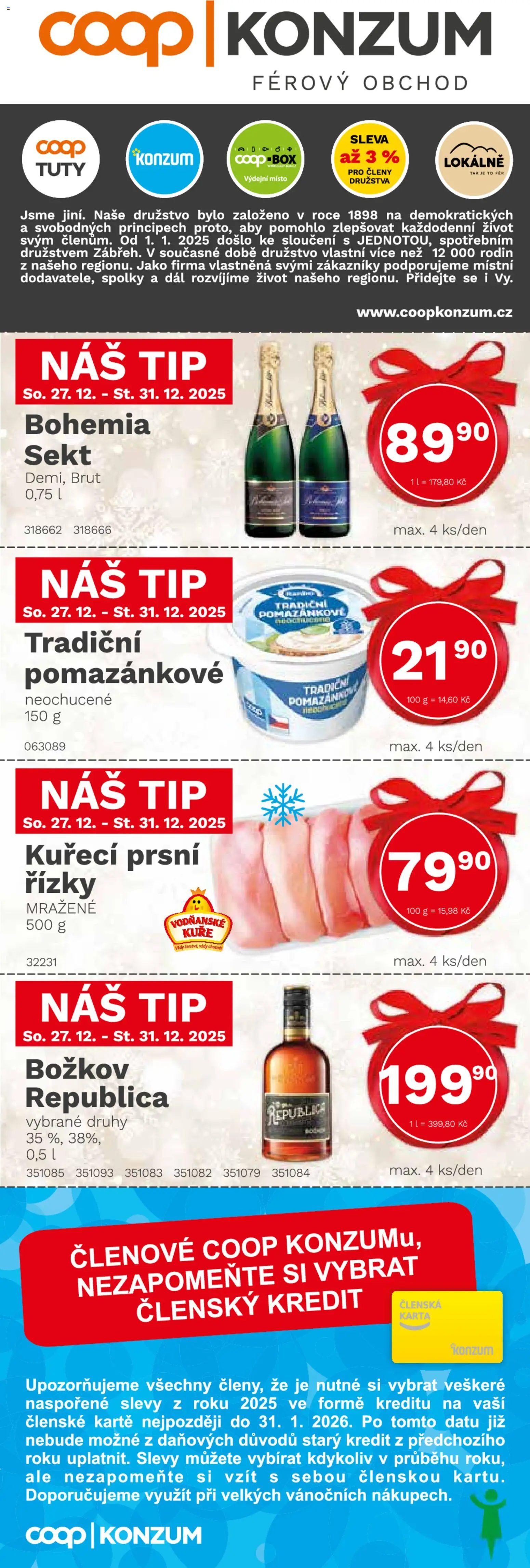 Konzum leták od 27.12.2025 | Strana: 1 | Produkty: Box, Bohemia sekt, Božkov Republica, Republica