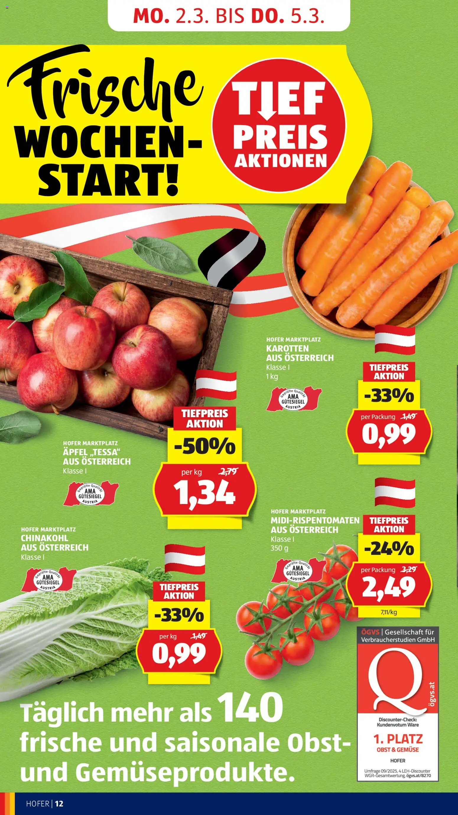 Hofer Flugblatt gültig ab 25.02.2026 | Seite: 14 | Produkte: Gemüse, Obst, Chinakohl, Äpfel