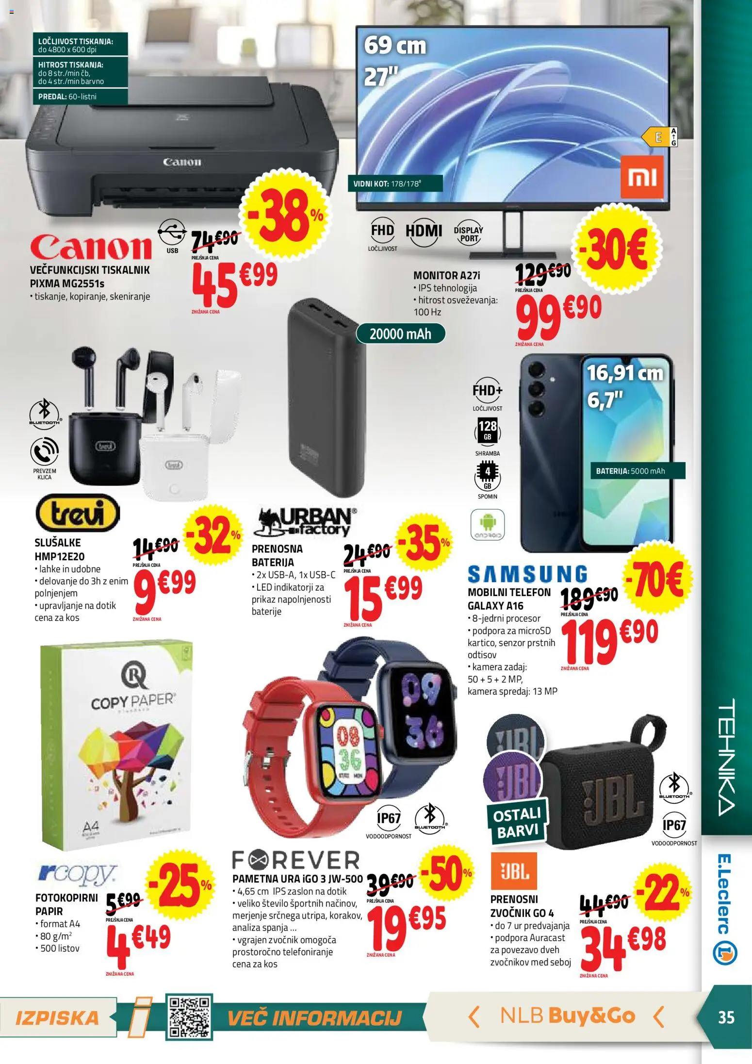 Novi E.leclerc katalog ponudbe – veljaven od 01.04.2026 | Stran: 35 | Izdelki: Slusalke, Kamera, Pametna ura, Baterije