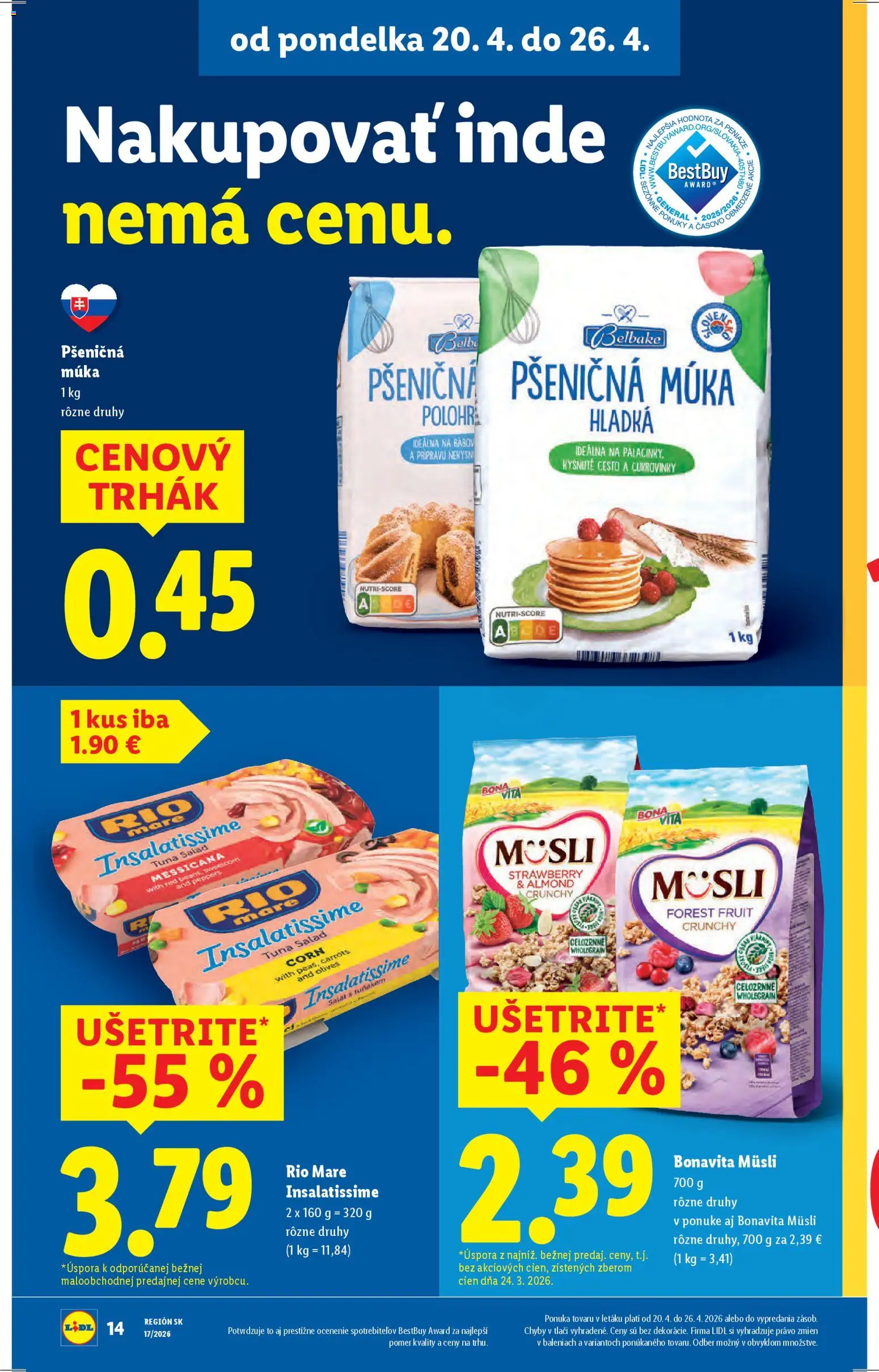 Nové Lidl akcie – leták je platný od 20.04.2026 | Strana: 14 | Produkty: Pšeničná múka, Rio Mare, Múka, Šalát