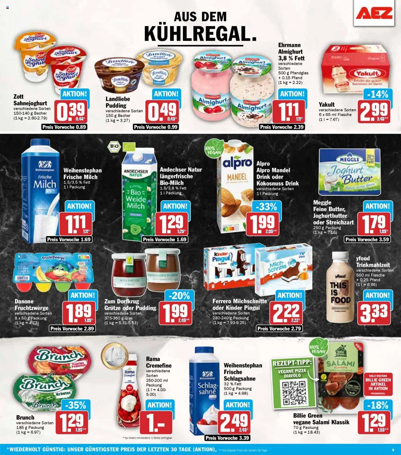 AEZ Prospekt 	 – gültig ab 20.10.2025 | Seite: 9 | Produkte: Milch, Joghurt, Salami, Ferrero milchschnitte