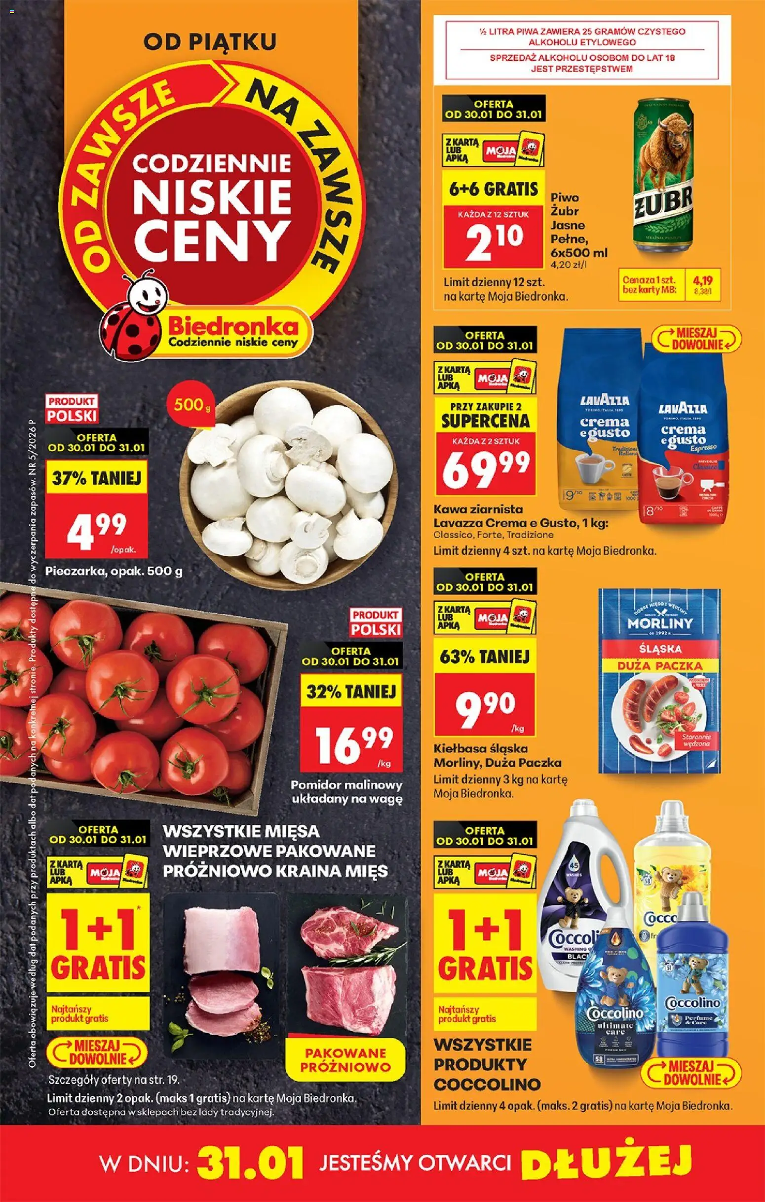Biedronka gazetka - Od piątku od 30.01.2026 | Strona: 1 | Produkty: Kiełbasa, Kawa ziarnista, Kiełbasa śląska, Kawa