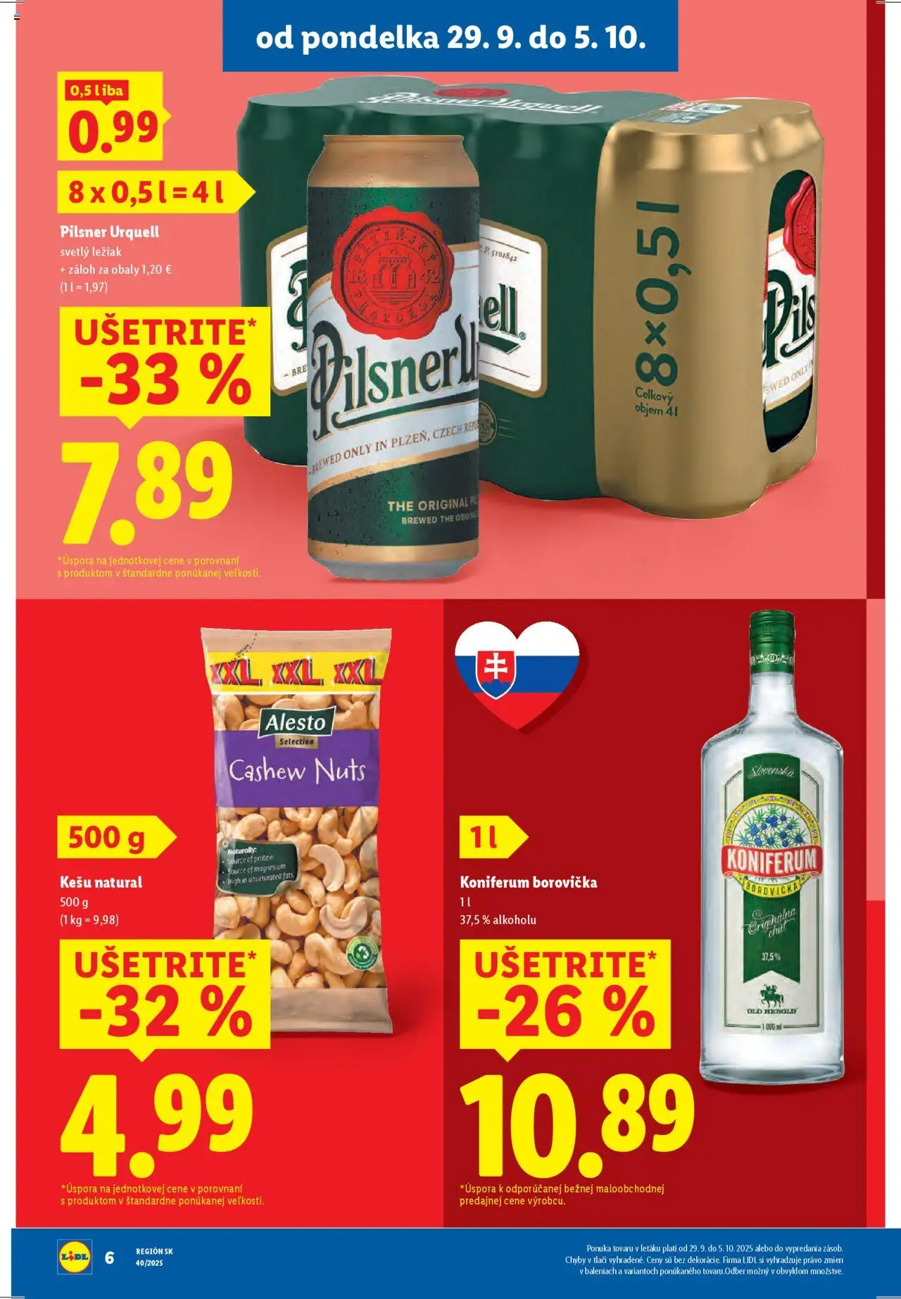 Nové Lidl akcie – leták je platný od 29.09.2025 | Strana: 6 | Produkty: Pilsner Urquell, Borovička, Protein, Koniferum