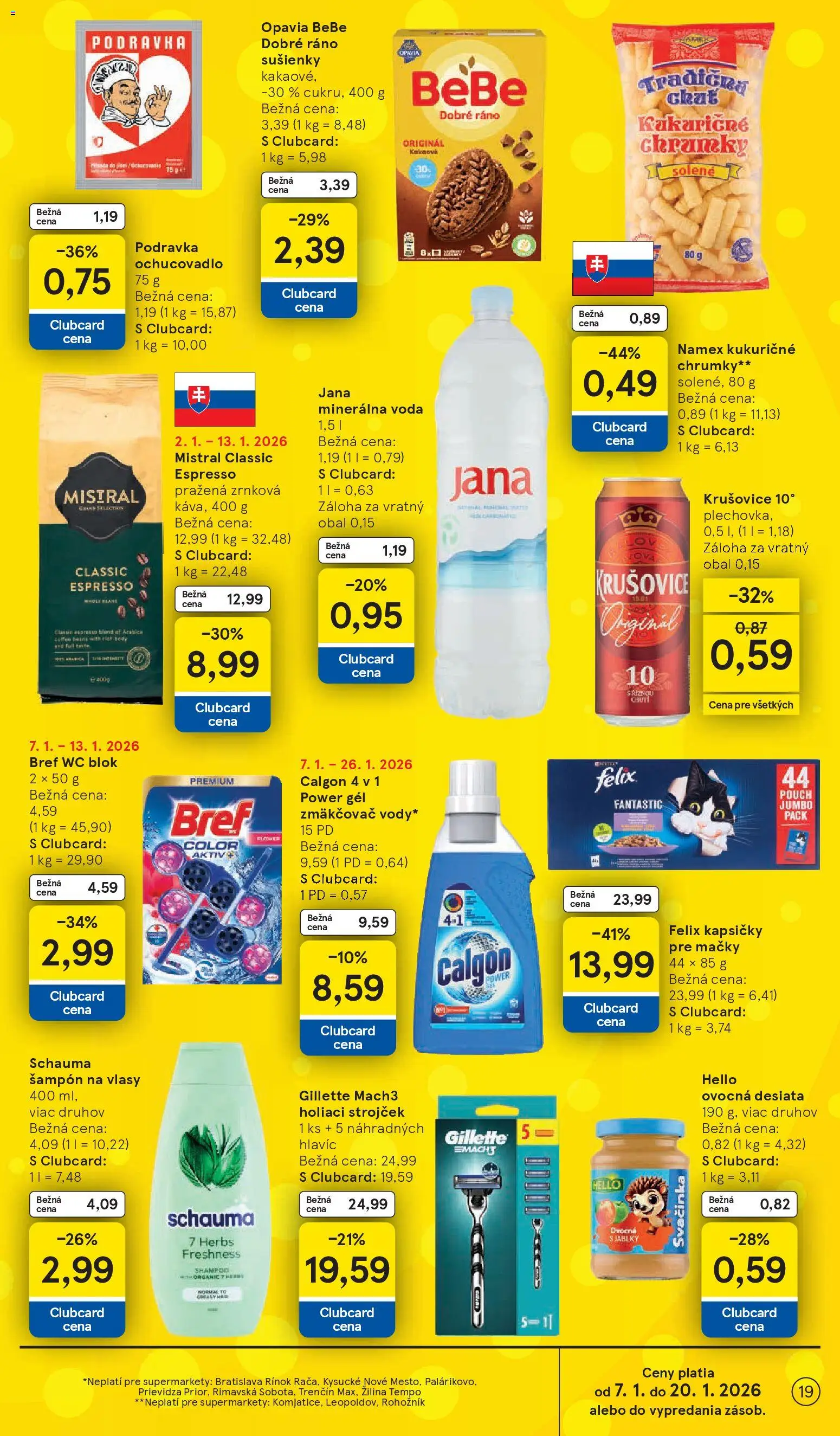 Nové Tesco akcie – leták je platný od 07.01.2026 | Strana: 19 | Produkty: Strojček, Holiaci strojček, Wc, Krušovice