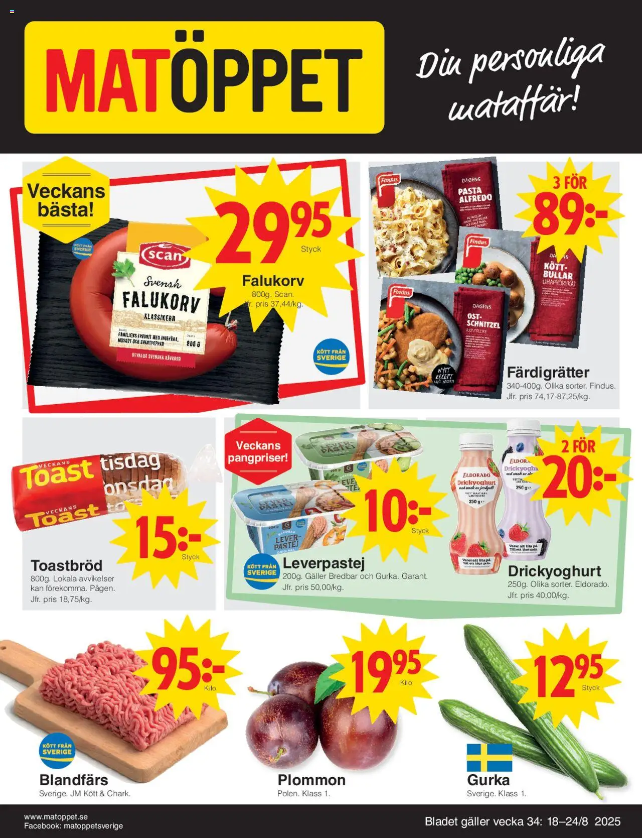 Matöppet reklamblad aktuell från 18.08.2025 | Sida: 1 | Produkter: Galler, Falukorv, Leverpastej, Blandfärs