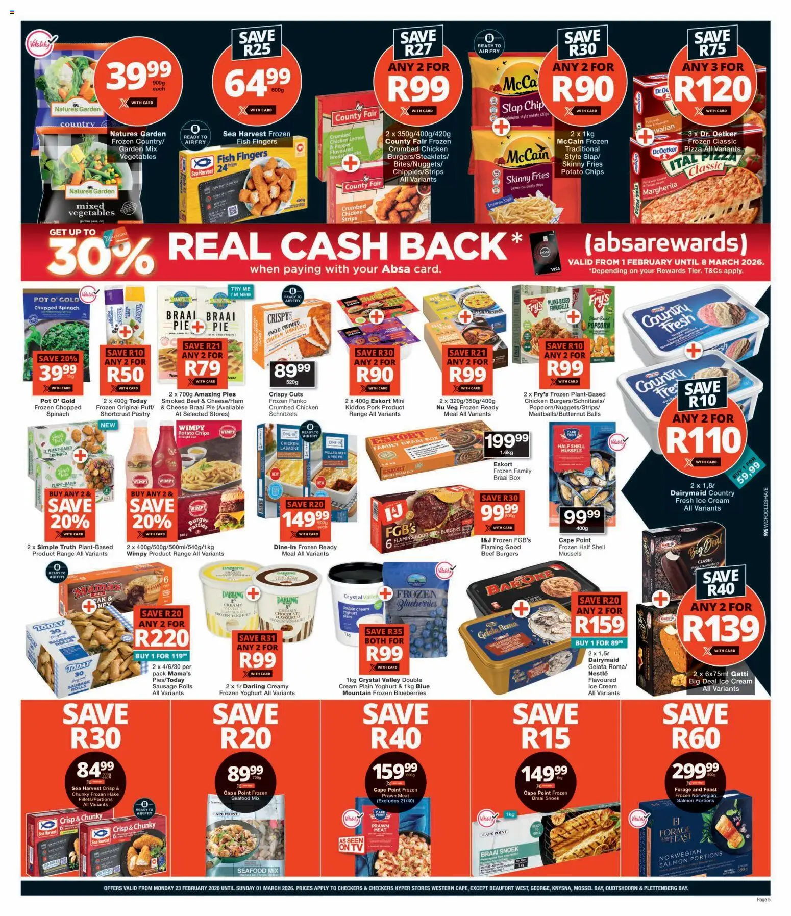 New Checkers catalogue – valid from 23.02.2026 | Page: 5 | Products: Chocolate, Pizza, Fish, Chips