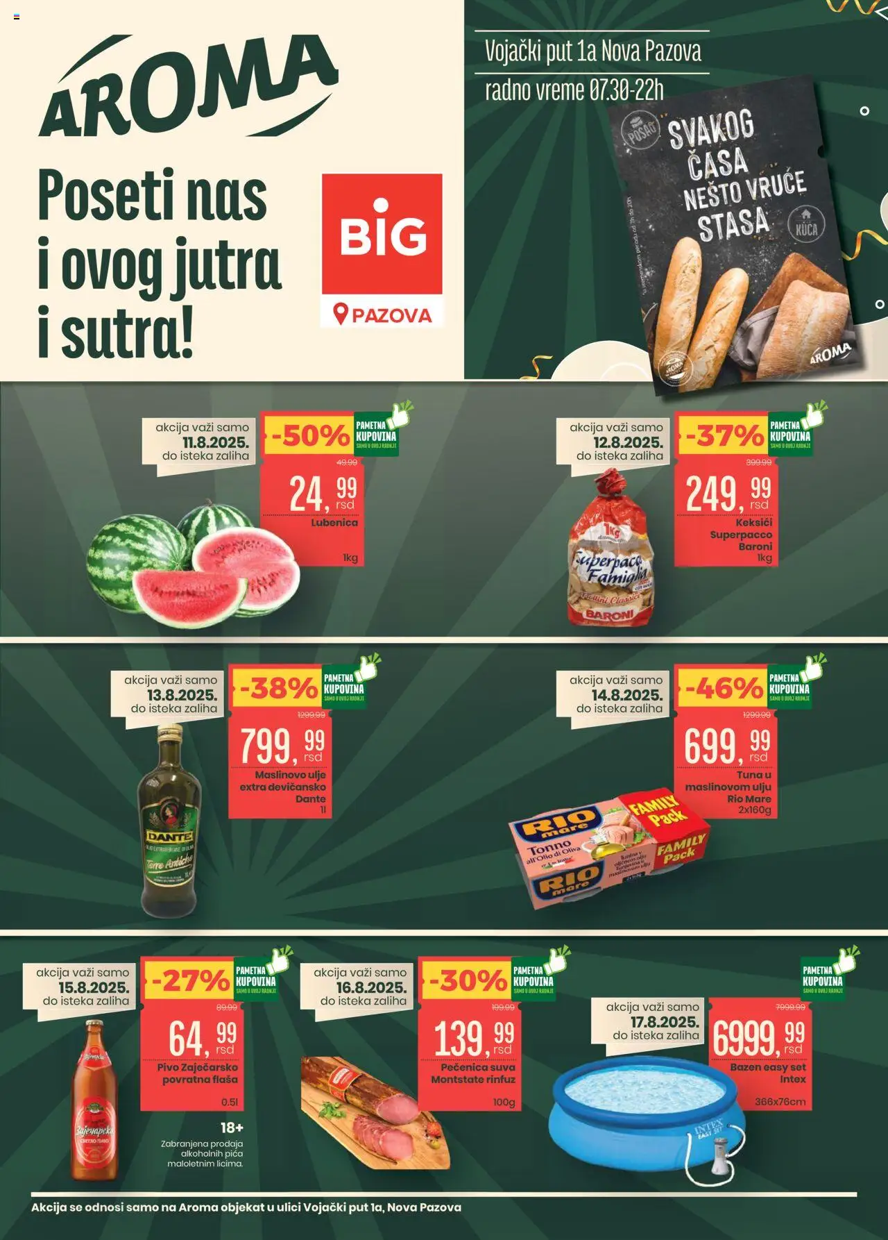 Aroma Market katalog - važi od 11.08.2025 | Strana: 1 | Proizvode: Lubenica, Rio mare, Pica, Pečenica
