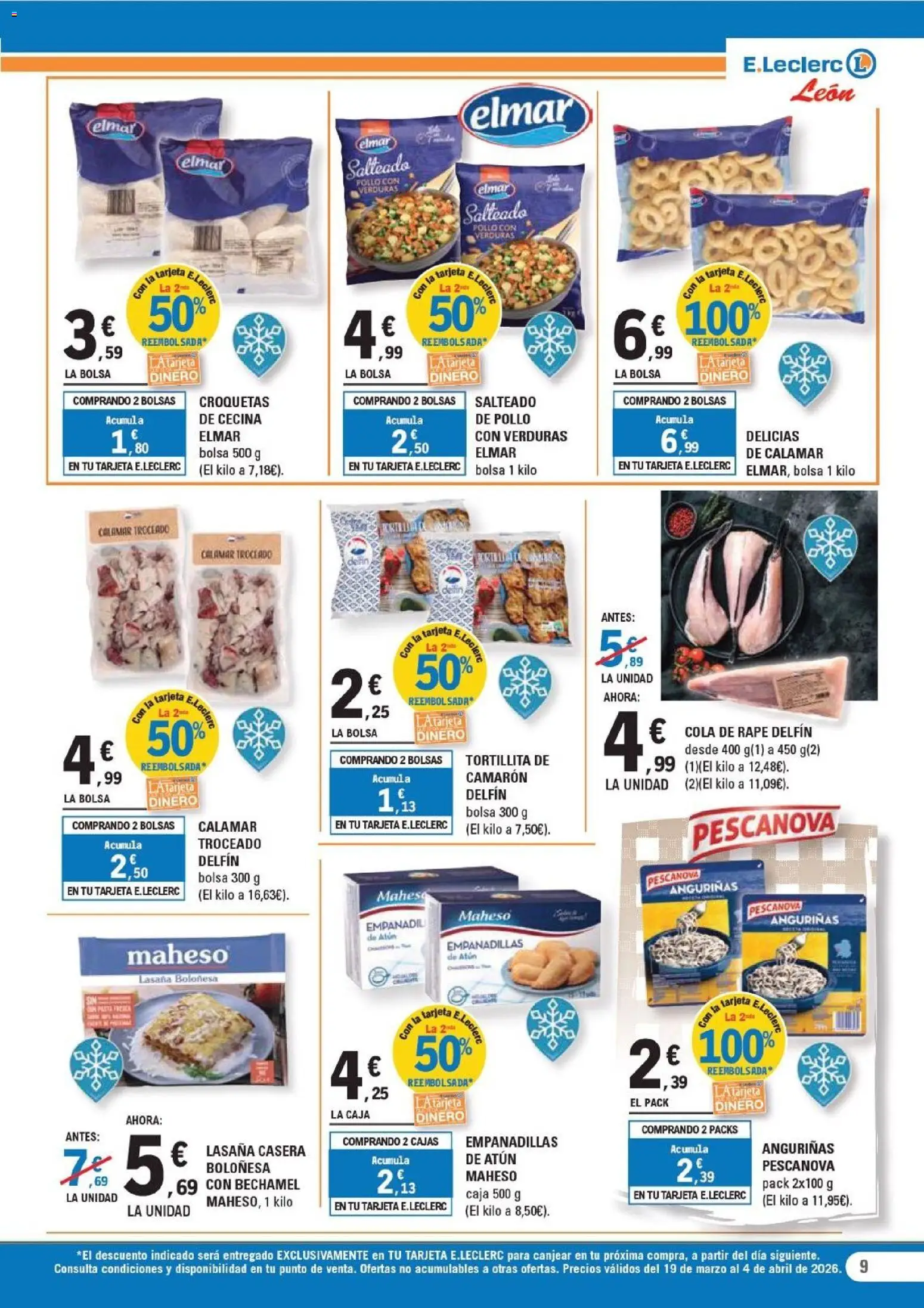 E.Leclerc - León │ válido desde el 19.03.2026 | Página: 9 | Productos: Bolsa, Croquetas, Lasaña, Caja