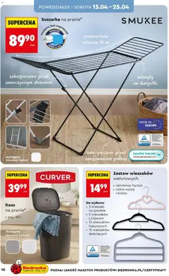 Pogląd oferty "Suszarka na pranie*, Suszarka na pranie, powierzchnia suszenia 20 m, suszenie bez zagnieceń, rurki 6 mm, zabezpieczenie przed samoczynnym złożeniem, uchwyty na skarpetki, zabezpieczenie przed zarysowaniem podłogi" - ważna od 11.04.2026 | Strona: 10 | Produkty: Spodnie, Suszarka, Wieszaki, Kosz
