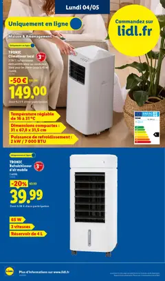 LIDL - Prévisualisation de TRONIC Climatiseur local, 3 EN 1: rafraîchisseur, déshumidificateur ou ventilateur. Idéal pour les pièces jusqu'à 45 m³. L'unité. valide à partir de 30.04.2026 | Page: 63 | Produits: Climatiseur, Déshumidificateur