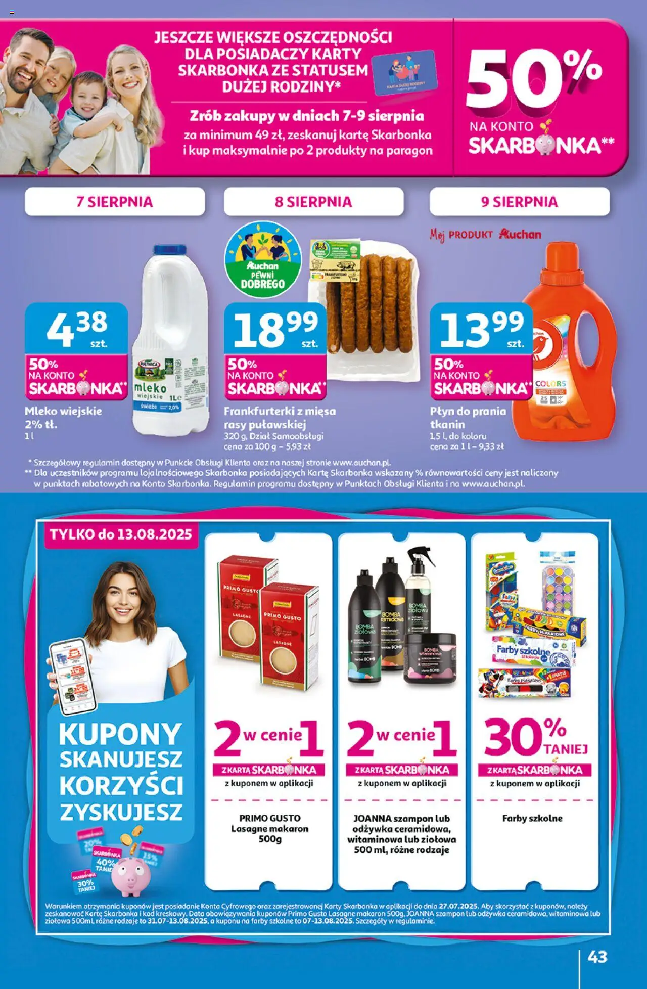 Auchan Gazetka - Pewność niskich cen Hipermarket od 07.08.2025 | Strona: 43 | Produkty: Frankfurterki, Lasagne, Mleko, Makaron