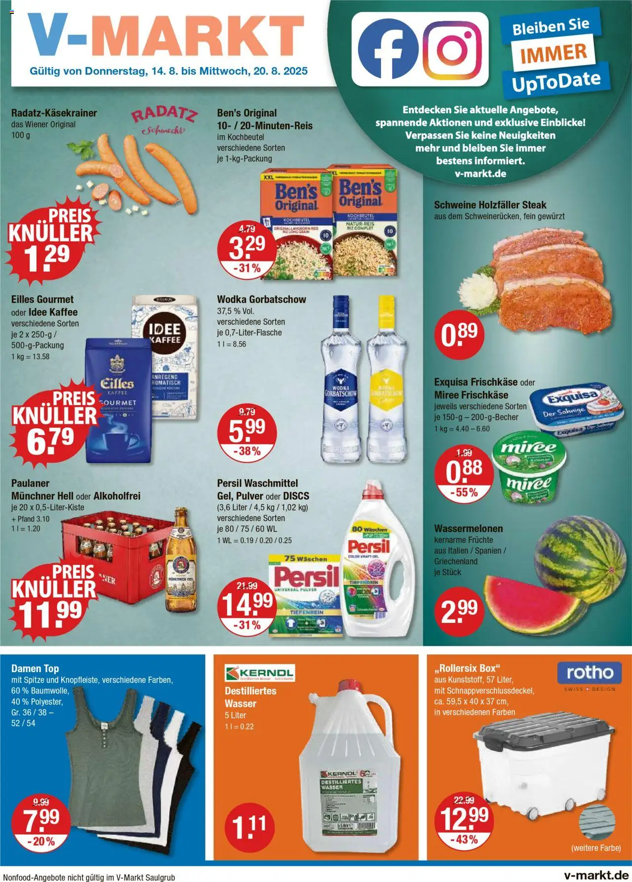 V-Markt - Hallertau/Oberpfalz - gültig ab dem 14.08.2025 | Seite: 1 | Produkte: Kaffee, Wasser, Paulaner, Frischkase