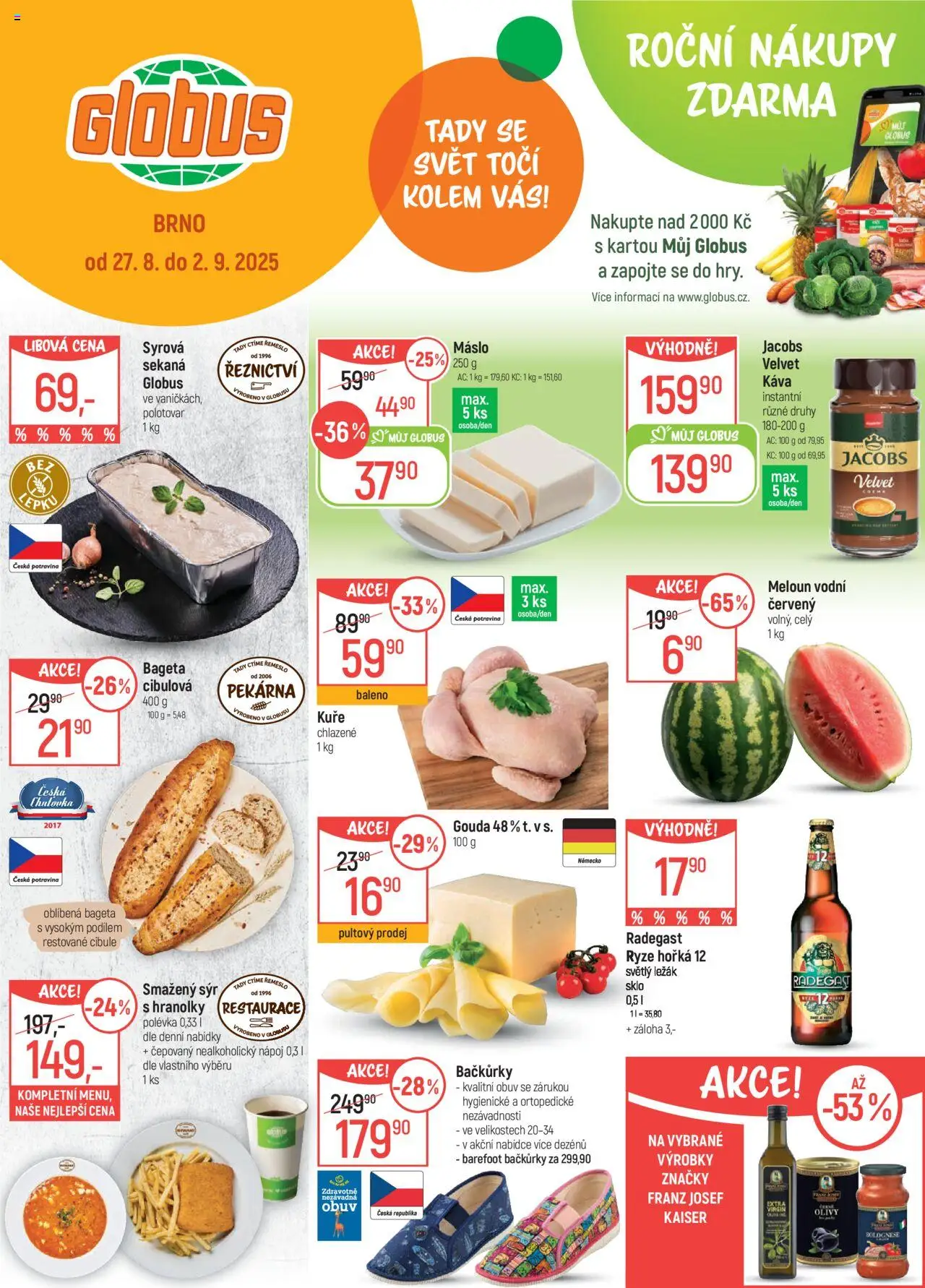 Globus leták - Brno od 27.08.2025 | Strana: 1 | Produkty: Gouda, Rýže, Hranolky, Obuv