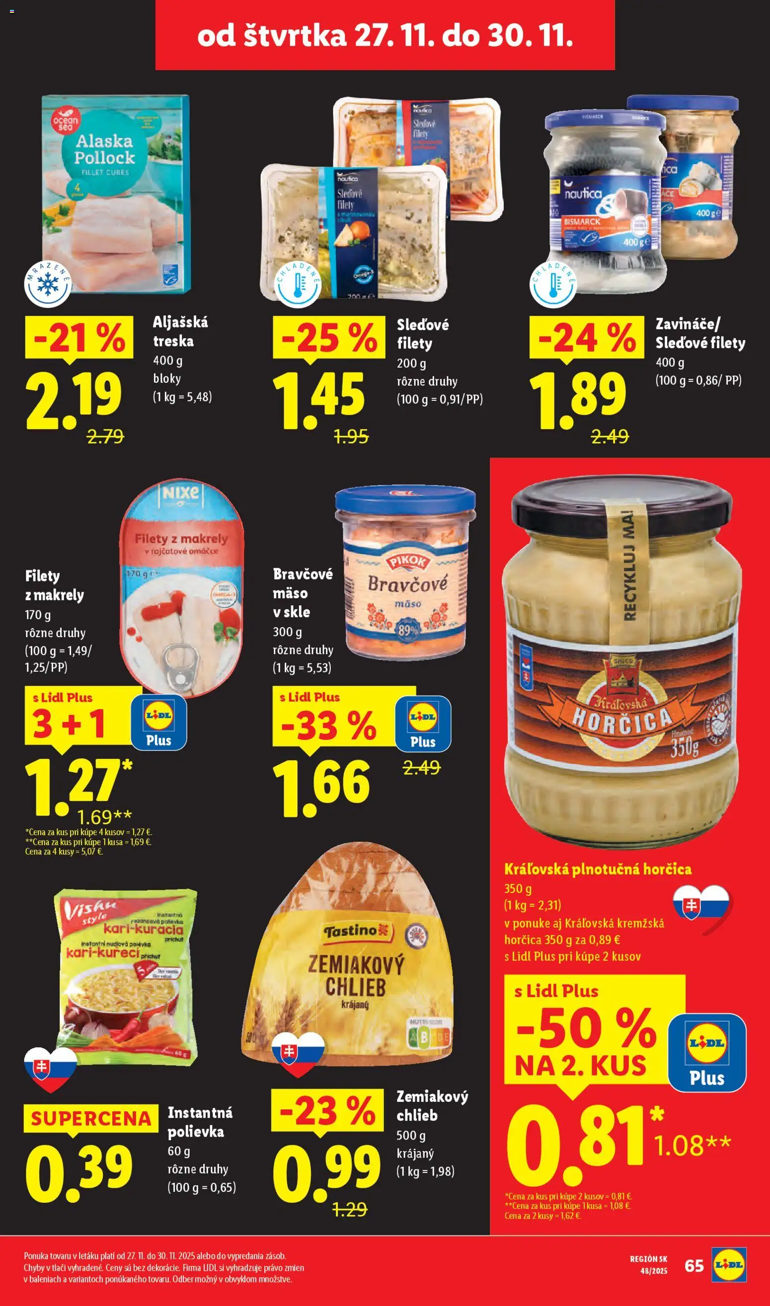 Nové Lidl akcie – leták je platný od 24.11.2025 | Strana: 65 | Produkty: Chlieb, Bravčové mäso, Treska