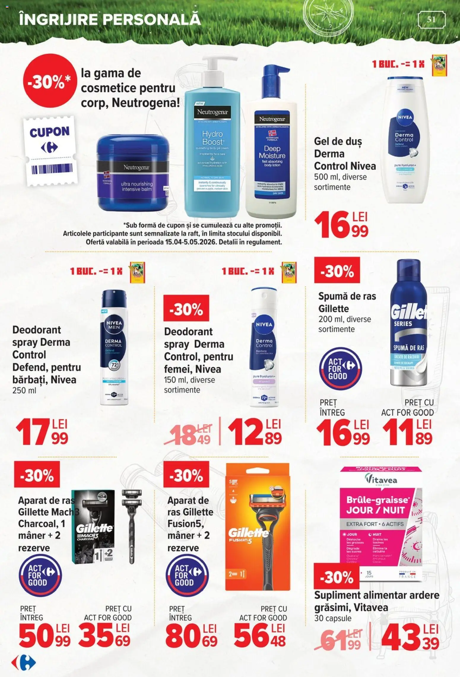 Noul catalog Carrefour – valabil de la 15.04.2026 | Pagină: 51 | Produse: Body, Duș, Spumă de ras, Deodorant